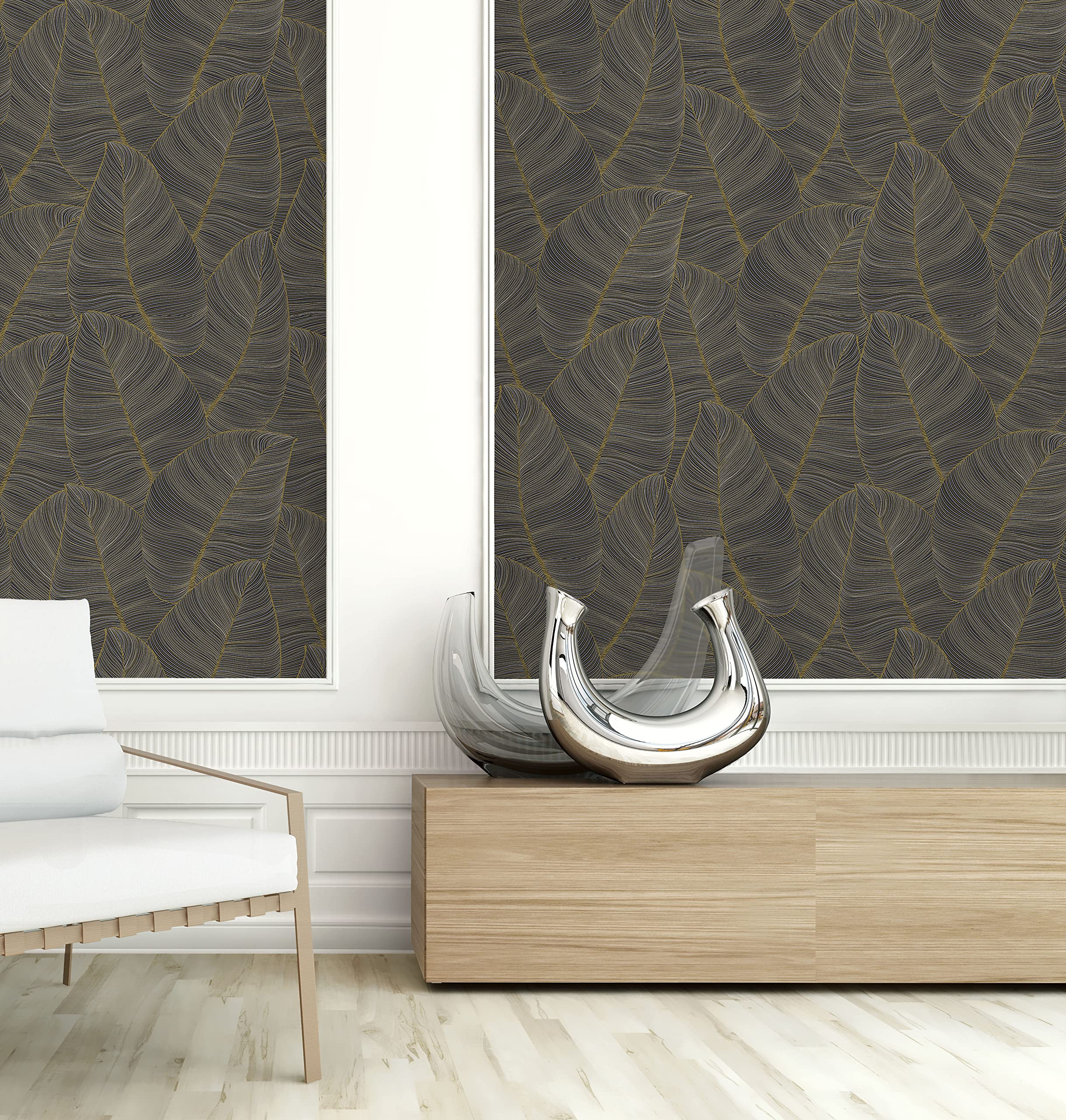 Premium Metallic Leaf Peel & Stick Wallpaper Roll - Black & Gold Design, Covers 56.05 sq ft - Easy DIY Home Decor for Living Room, Bedroom, or Accent Walls