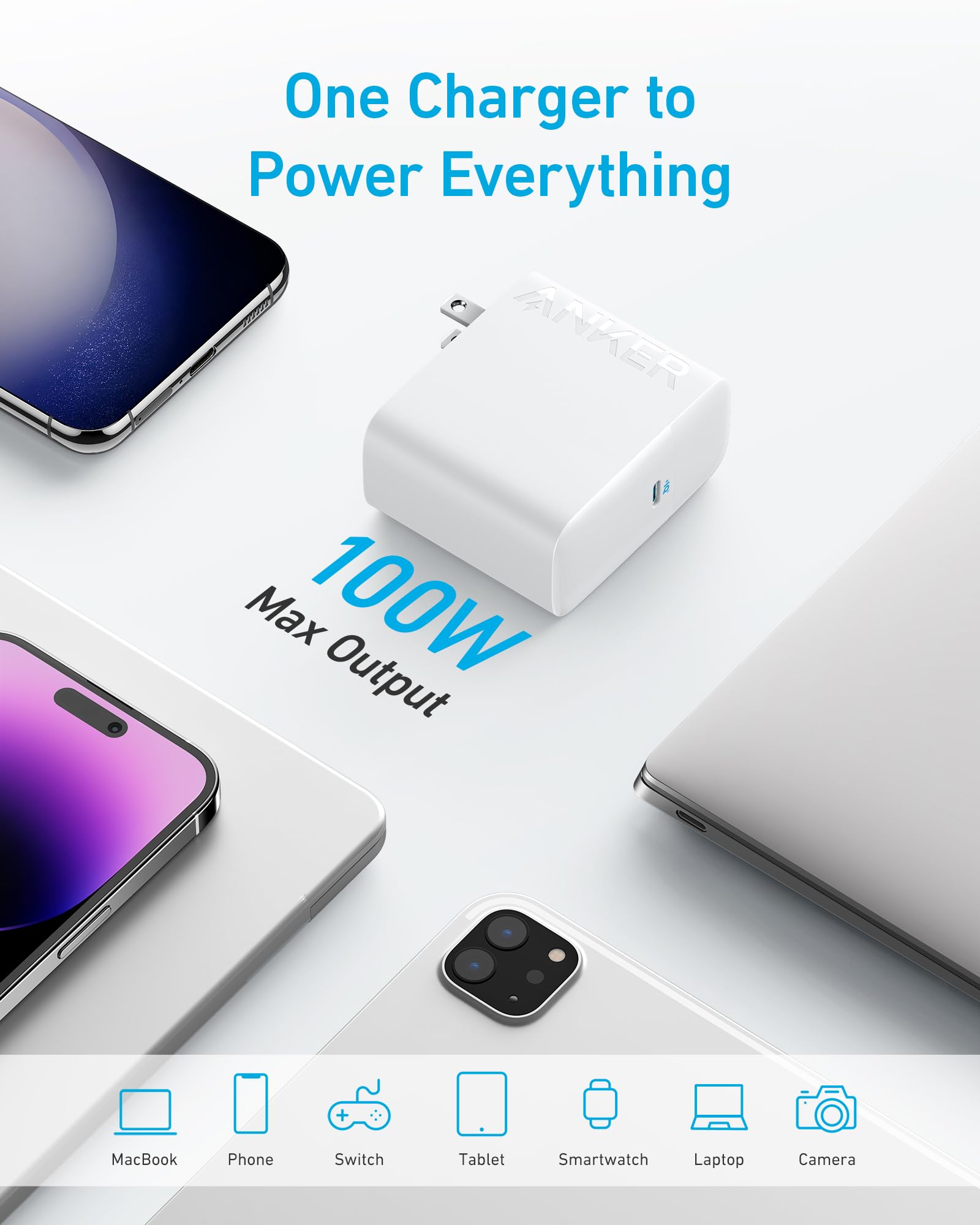 Anker 100W USB C Fast Charger for MacBook Pro/Air, iPad Pro, Samsung Galaxy - Compact Foldable Power Adapter with 5ft USB C to C Cable | Perfect for Travel, Office & Home Charging