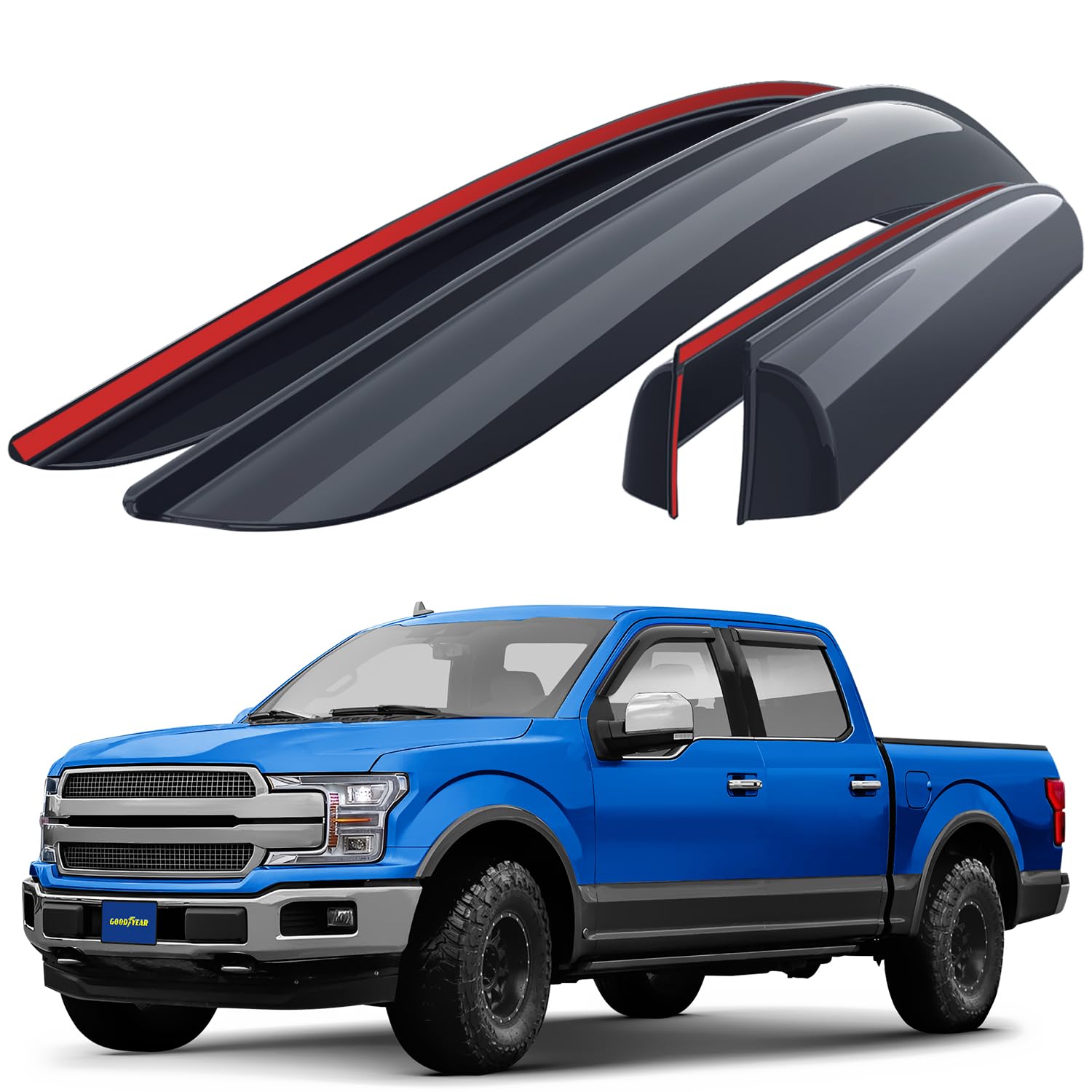 Goodyear Shatterproof Side Window Deflectors for Ford F150 2015-2025 SuperCrew - 4pc Tape-on Vent Visor Rain Guards - Truck Accessories for Weather Protection & Improved Airflow - Perfect for Highway Driving & All-Season Use