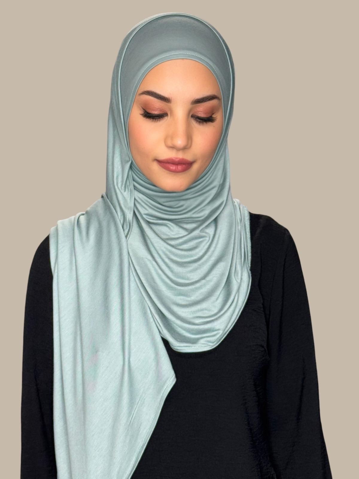 Pre-Sewn Jersey Hijab in Pale Cyan - Soft & Comfortable Muslim Headscarf for Daily Wear & Prayer