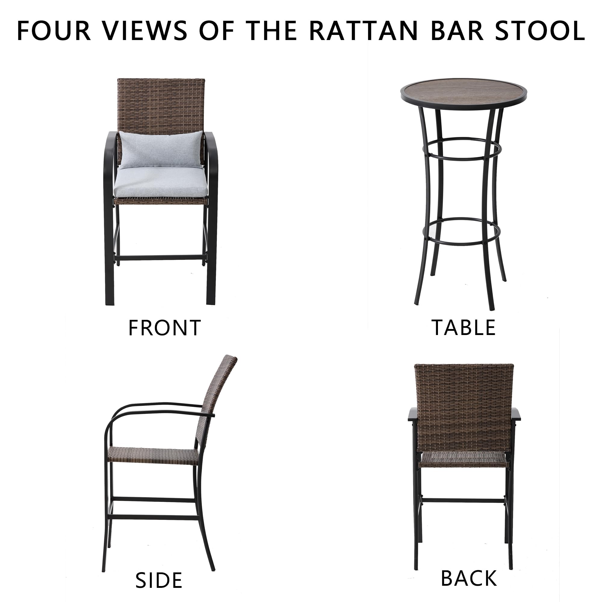 Outdoor Bar Table Set for 2 - Patio Bar Height Table & Chairs with Soft Cushions & Steel Frame in Khaki - Perfect for Backyard, Deck, Garden & Outdoor Entertaining