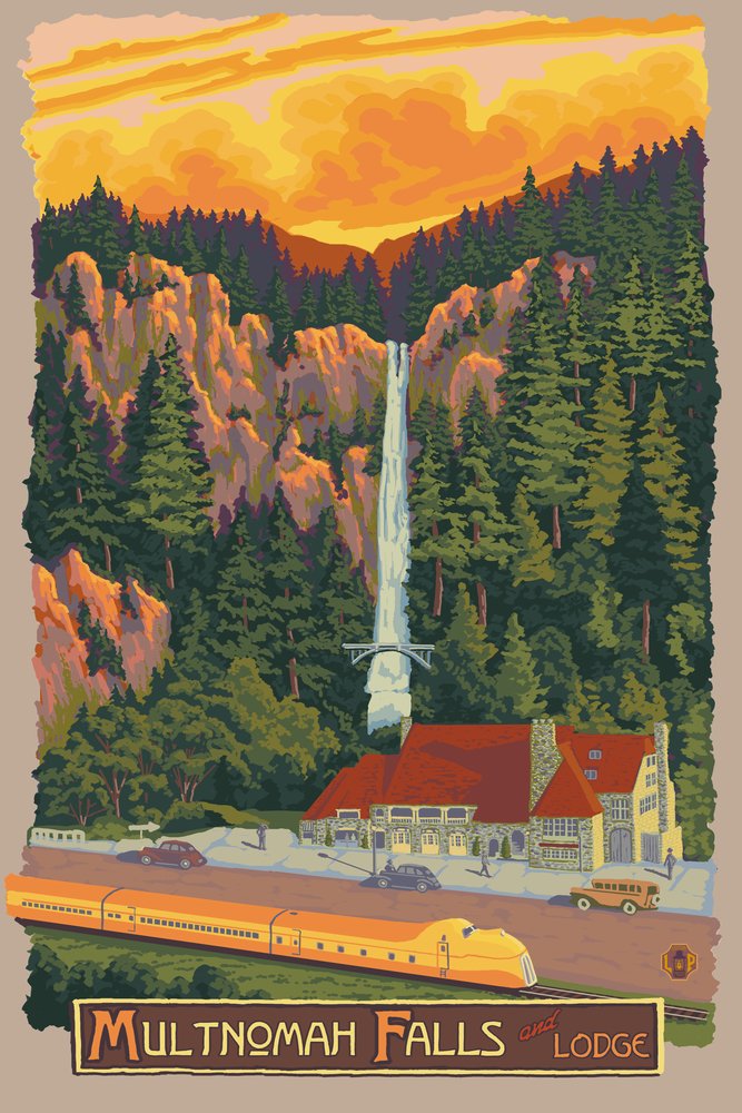 Multnomah Falls Oregon Sunset with Train 8060 - 24x36 Signed Art Print, Wall Decor Poster for Living Room, Bedroom & Office
