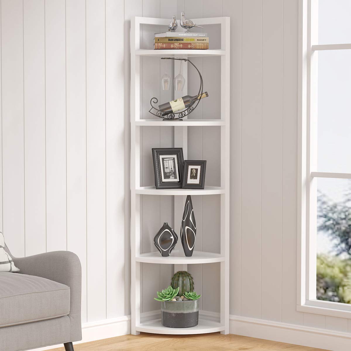 Tribesigns 5-Tier Corner Shelf - Modern Space-Saving Bookcase, Storage Rack & Plant Stand for Living Room, Home Office, Kitchen | White Wooden Shelving Unit for Small Spaces & Apartment Decor