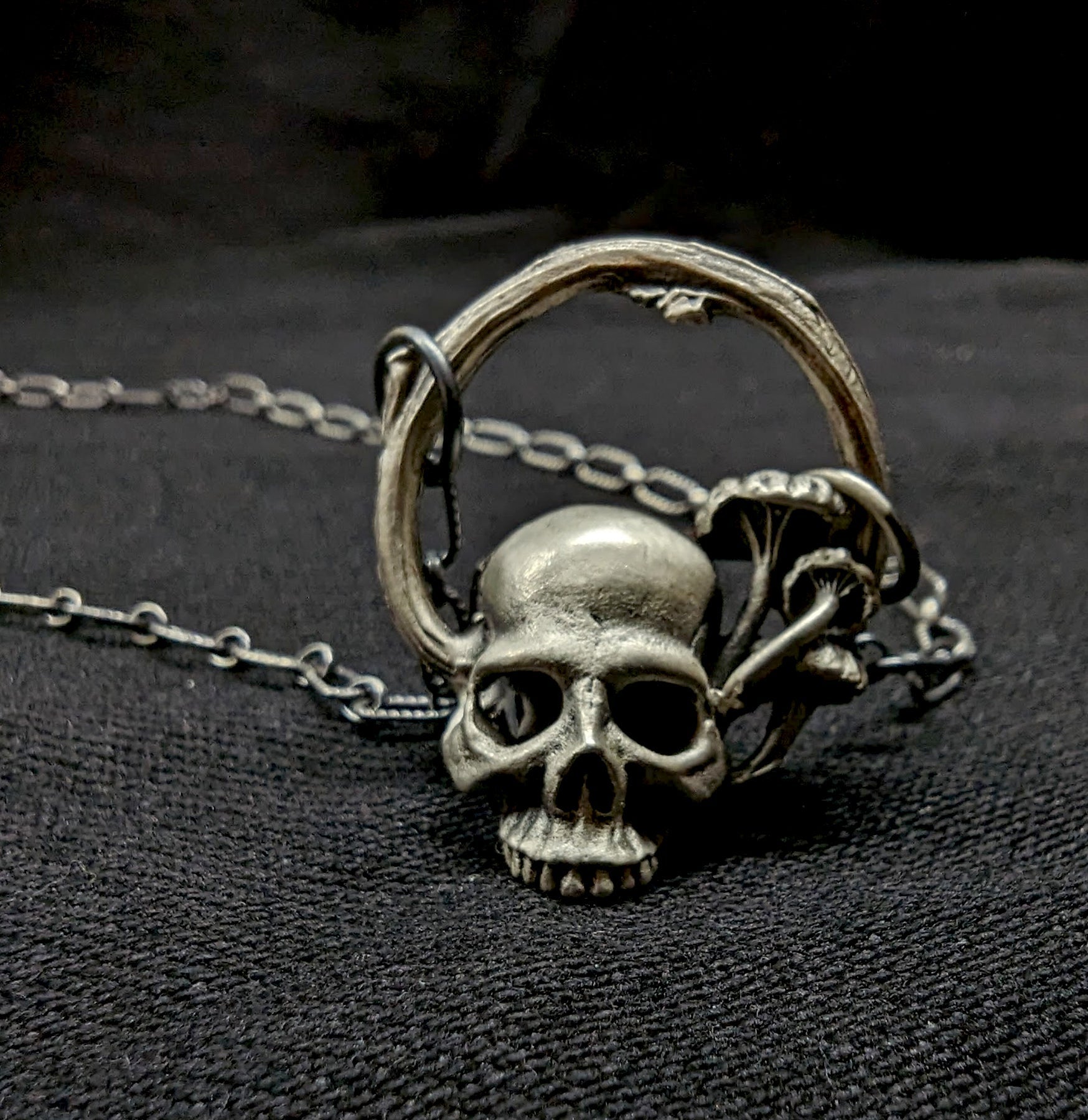 Skull and Mushroom Sterling Silver Necklace - Gothic Jewelry for Women & Men - Perfect for Halloween, Punk Fashion & Boho Style