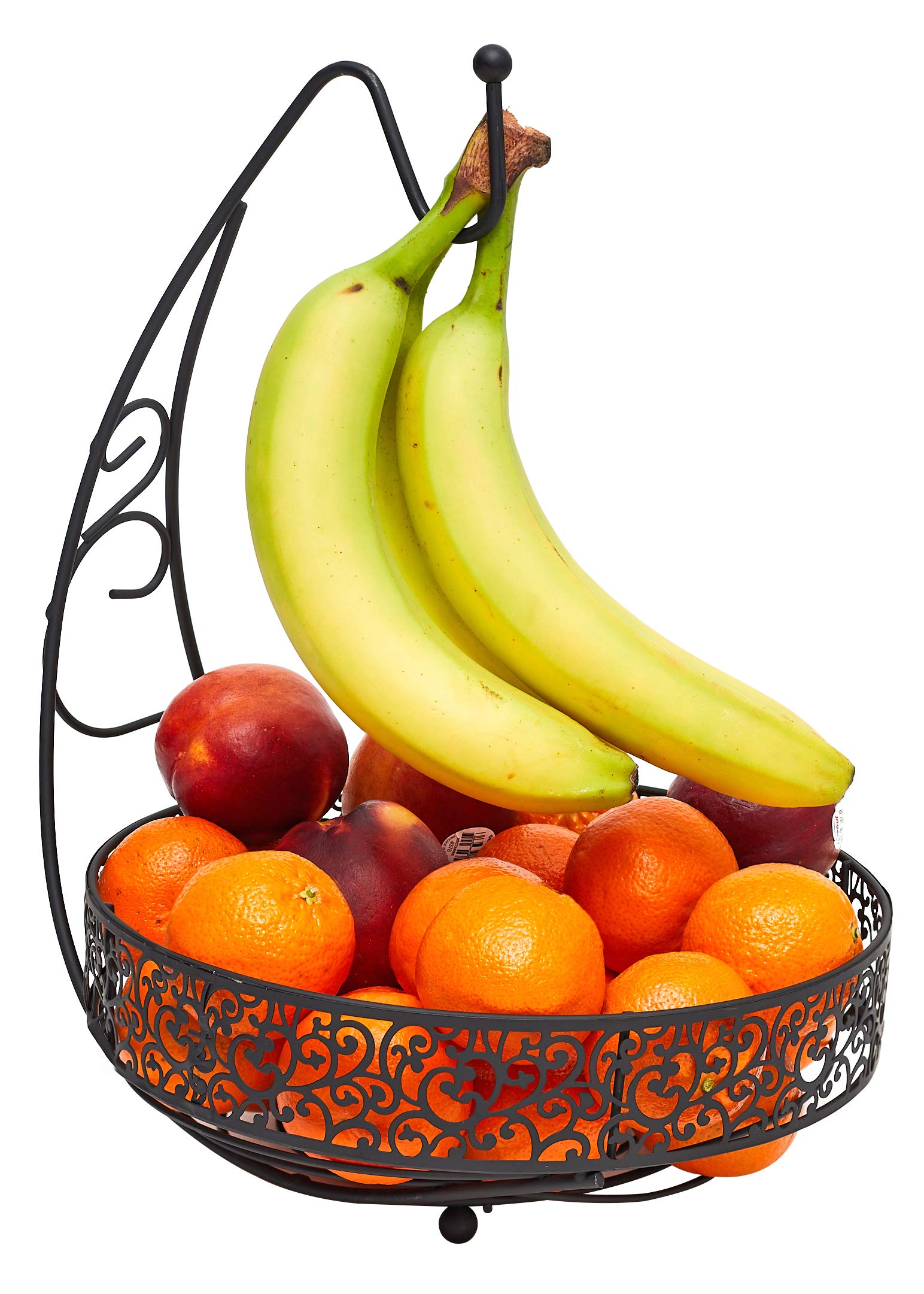 Stainless Steel Fruit Basket with Banana Hanger - Round Metal Fruit Bowl for Kitchen Countertop | Matte Black Finish | Perfect for Storing Fruits, Vegetables & Snacks in Pantry or Dining Table