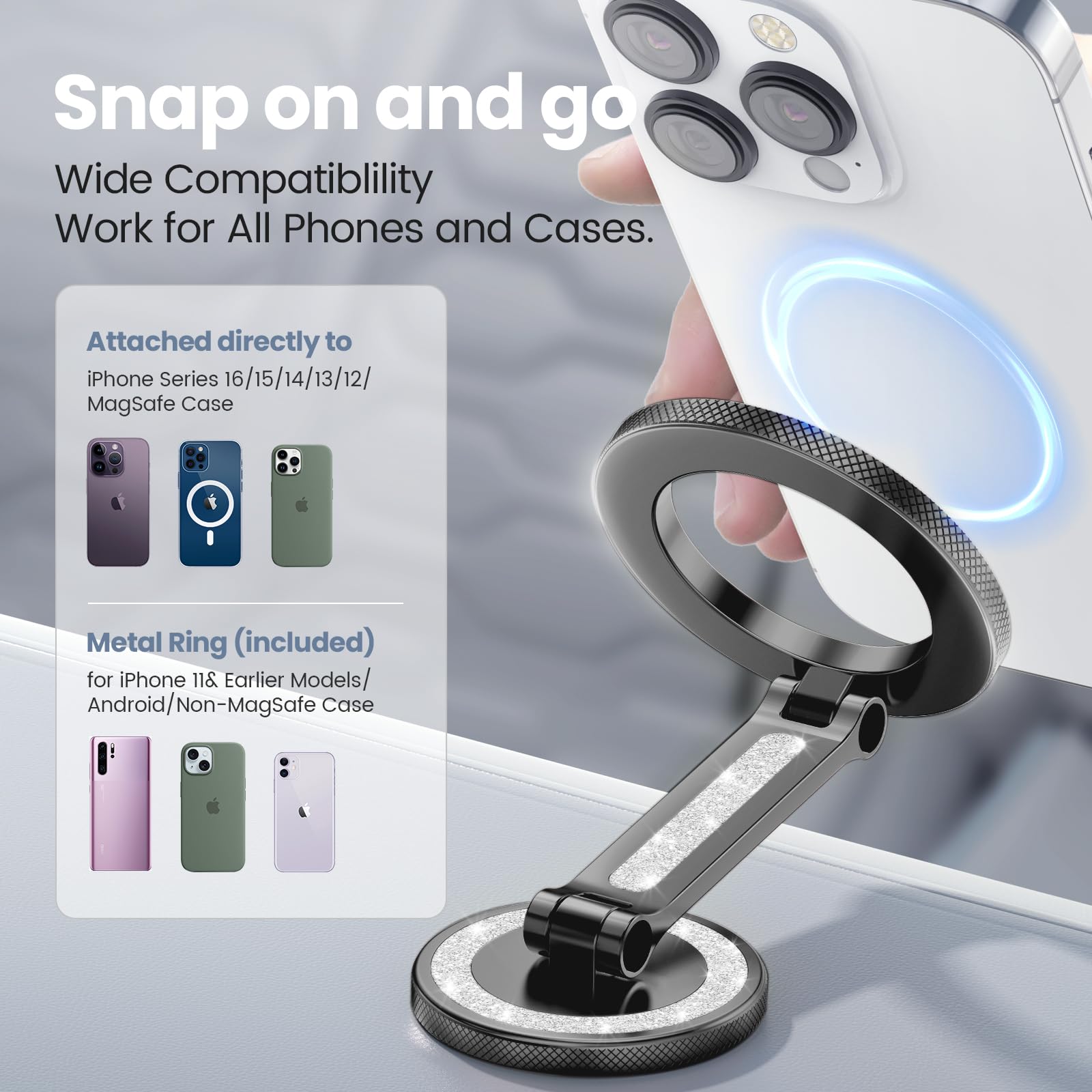 Premium MagSafe Car Mount - Strong Magnetic Phone Holder for Dashboard & Tesla Screen | Aluminum Alloy Design (Glitter Black) | Perfect for Hands-Free Driving & GPS Navigation