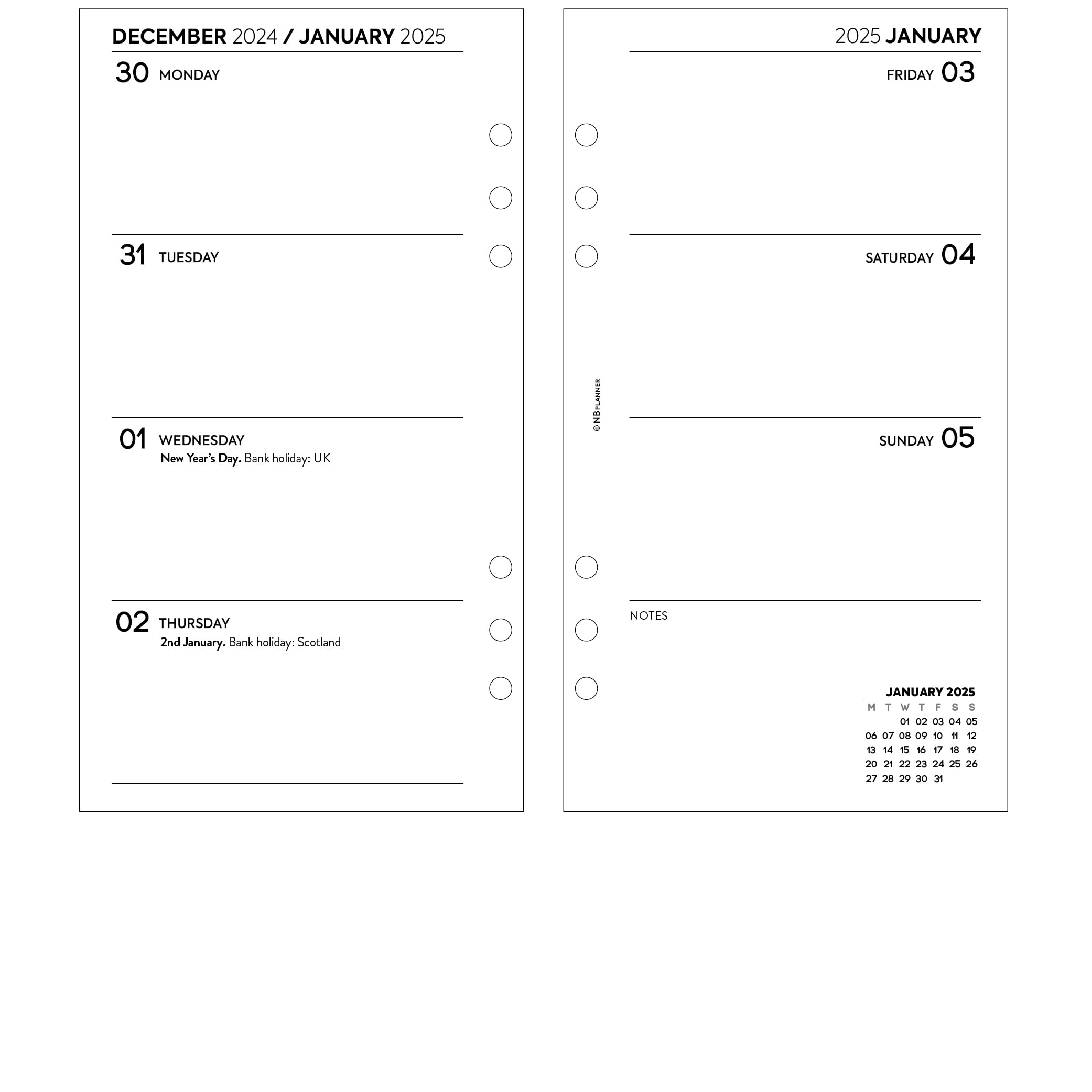 NBplanner 2025 Weekly Planner Refill - 2 Page Per Week Layout, Personal Size Organizer, White Pages, Yearly Calendar | Compatible with Filofax Personal | Perfect for Work, School & Daily Planning