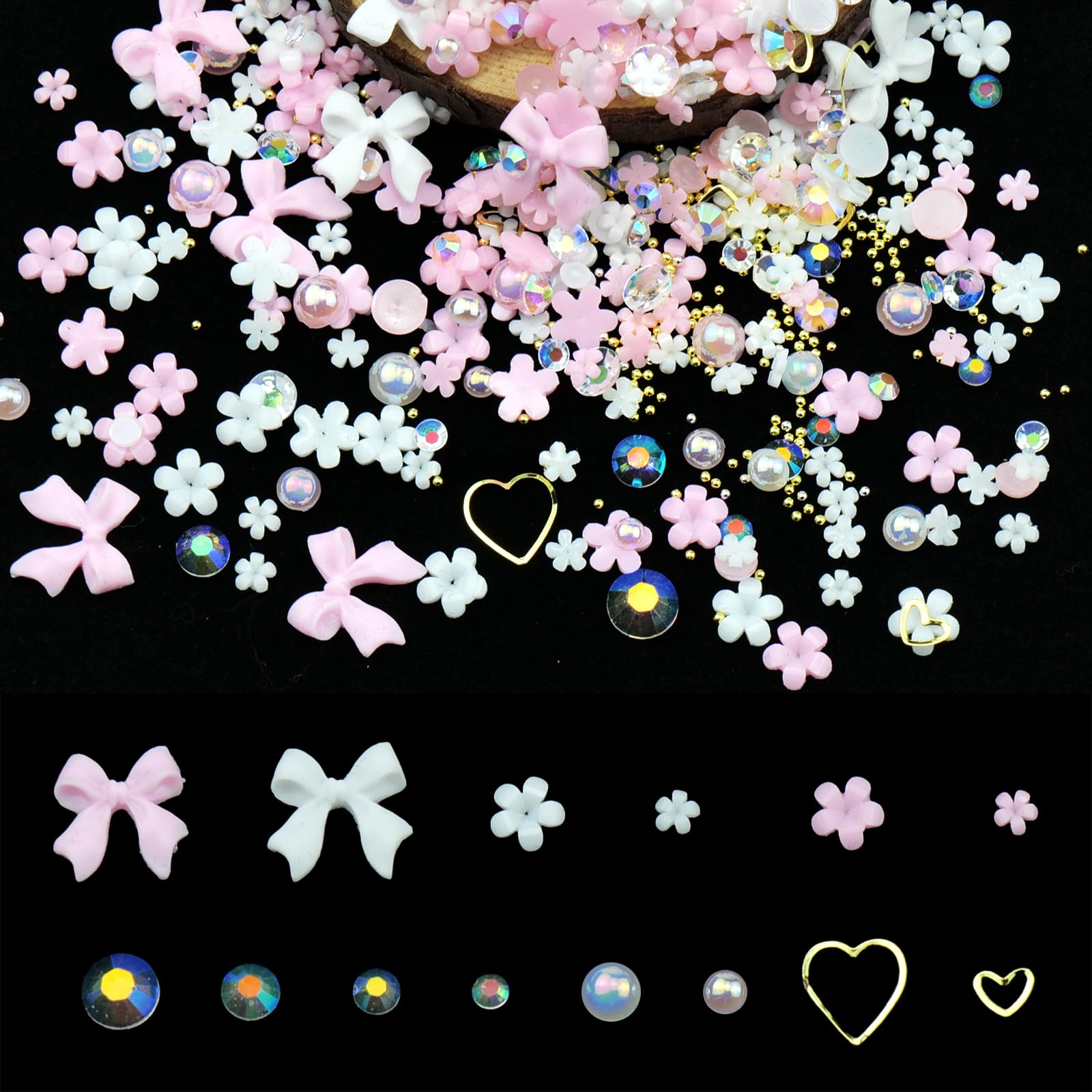 CESUSME 3D Flower Bows Nail Charms - Pink White Bowknot Flowers & Golden Round Beads for Nail Art DIY - Perfect for Junk Case, Manicure, Salon, and Party Nail Designs