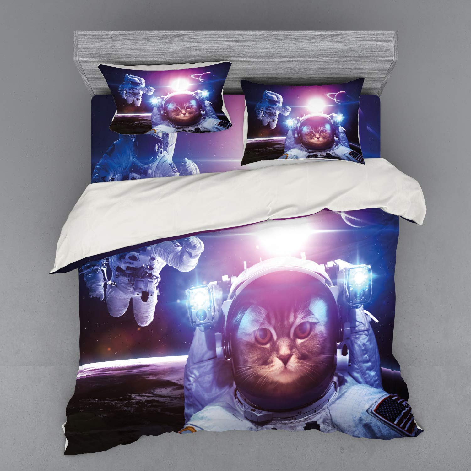 Ambesonne Space Cat Duvet Cover Set - King Size 4-Piece Bedding with Astronaut & Nebula Galaxy Design, Includes Shams & Fitted Sheet in Dark Blue Purple - Perfect for Sci-Fi Themed Bedrooms & Space Enthusiasts