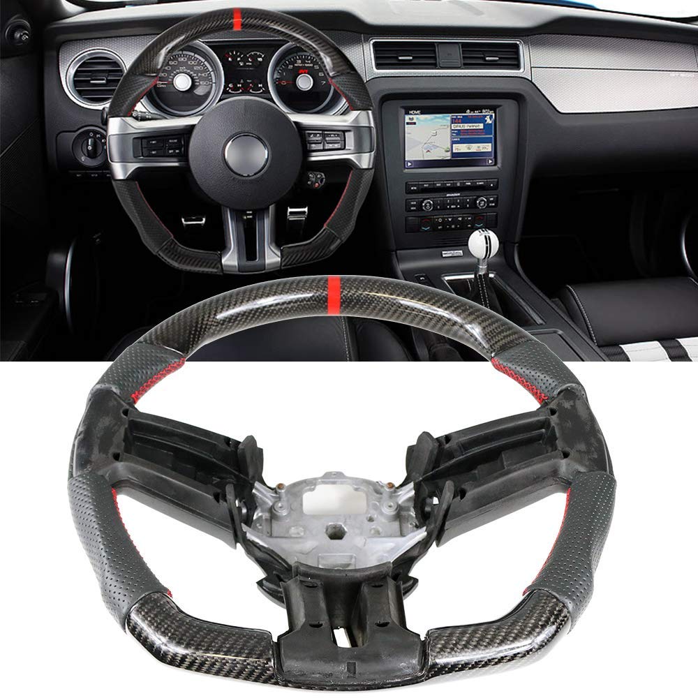IKON MOTORSPORTS Black Carbon Fiber & Perforated Leather Steering Wheel with Red Stitching - Compatible with 2010-2014 Ford Mustang | Brushed Aluminum Trim | Perfect for Car Enthusiasts & Performance Upgrades
