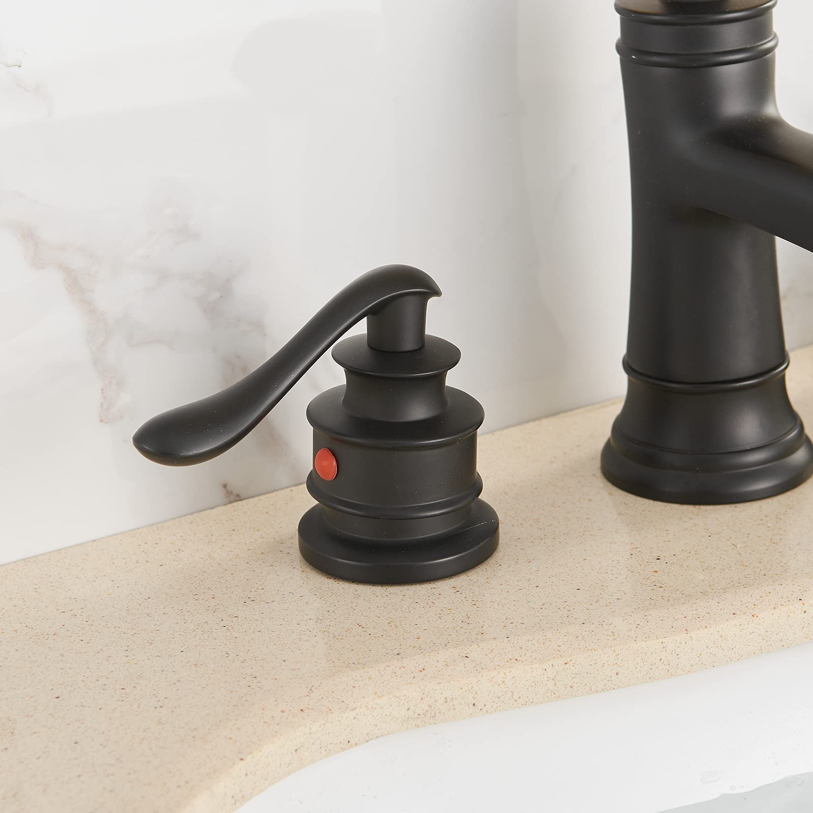 Matte Black 8 Inch Widespread Bathroom Faucet with Drain Assembly - 2 Handle 3 Hole Mixer Tap for Lavatory Sink - Includes Supply Hose - Perfect for Modern Bathroom Renovation & Powder Room Upgrades