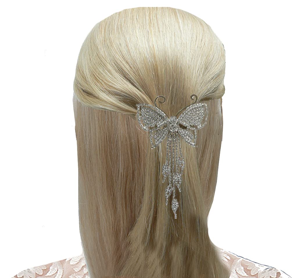 Elegant Crystal White Butterfly Hair Clip - Wedding Bridal Barrette with Flowing Streamers | Perfect for Brides, Prom, Parties & Special Occasions