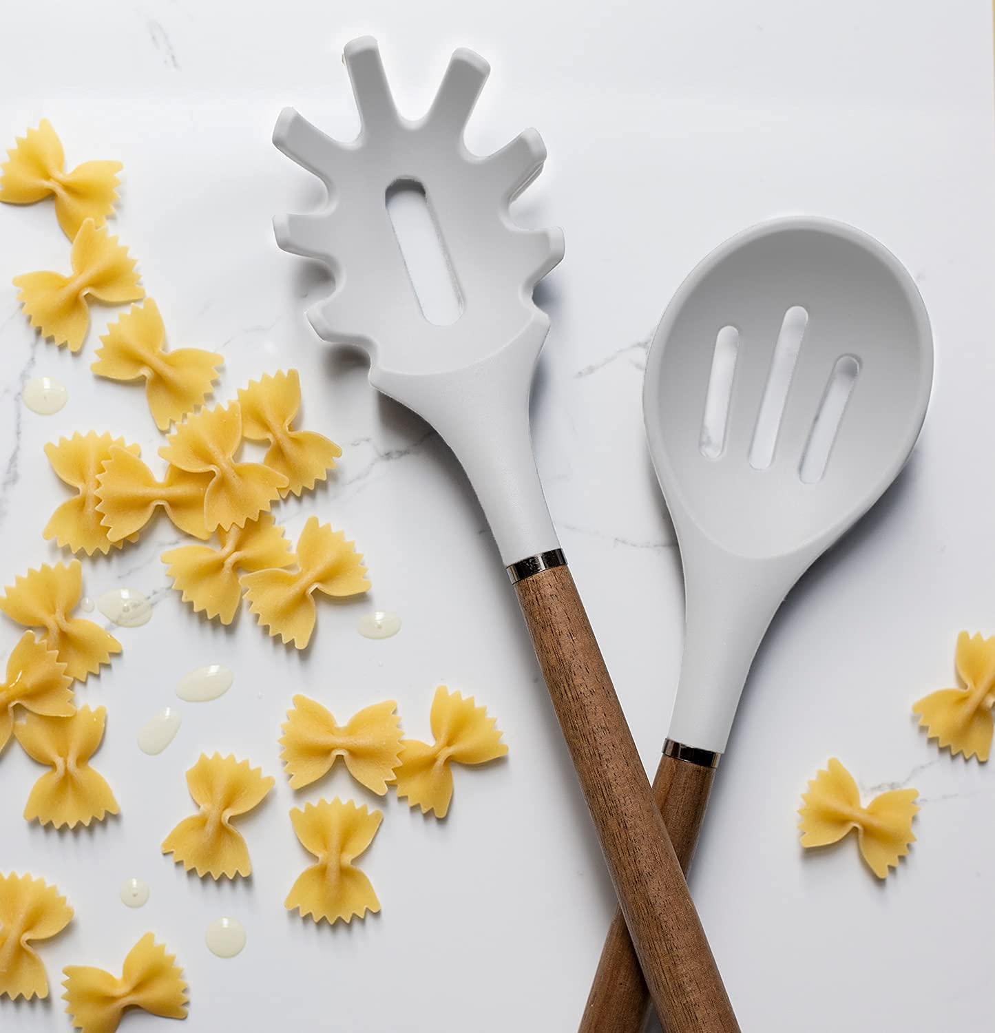 Non-Stick Silicone Cooking Utensil Set with Wood Handles - 8-Piece Kitchen Tools for Baking, Frying & Sauteing - Dishwasher Safe White Utensils for Home Chefs & Professional Kitchens