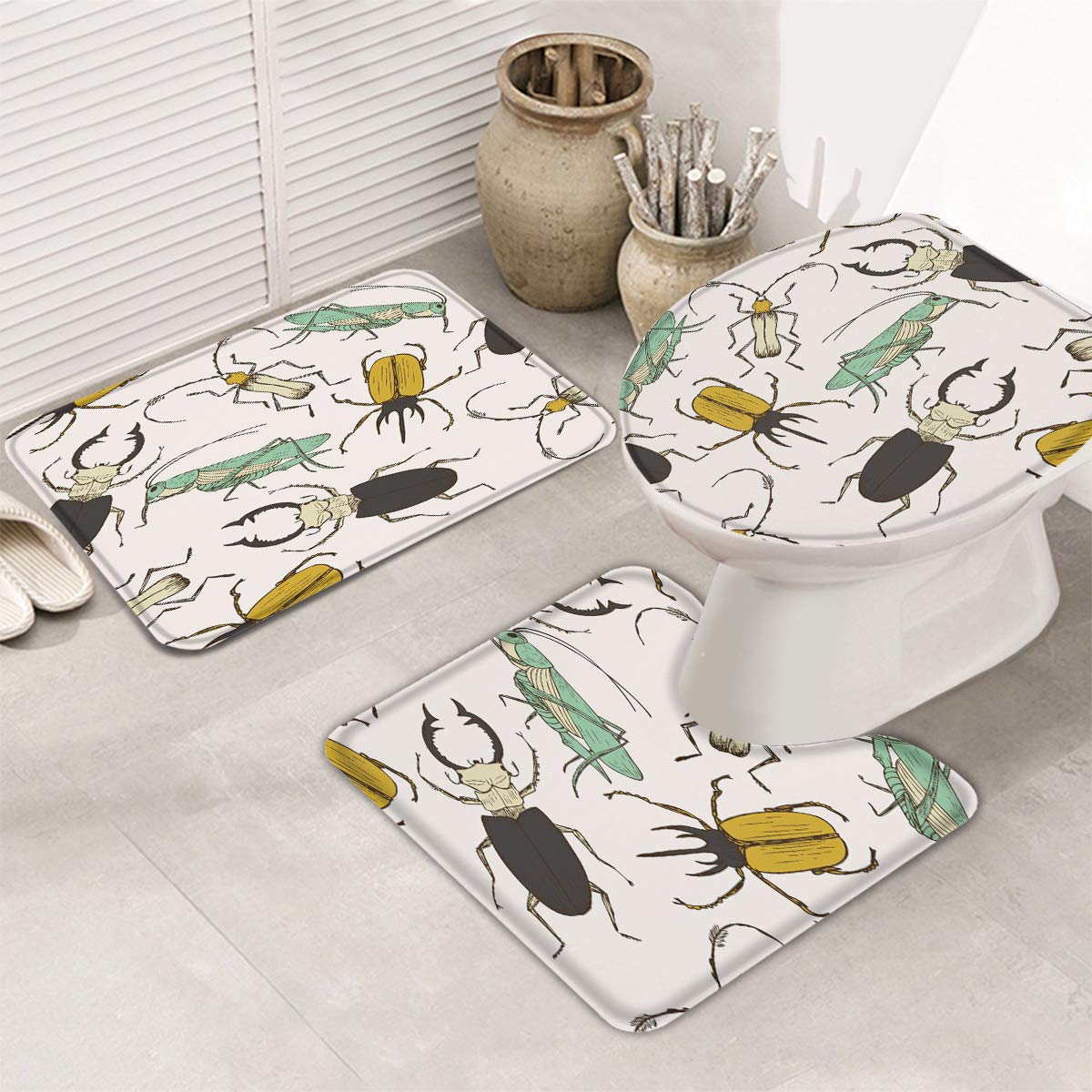 Queenker 3-Piece Bathroom Rug Set - Non-Slip Toilet Seat Cover, Contour Mat & Lid Cover with Insect Print - Soft Absorbent Cotton Bath Mat for Bathroom Floor - Perfect for Home, Apartment, and Guest Bathroom Decor