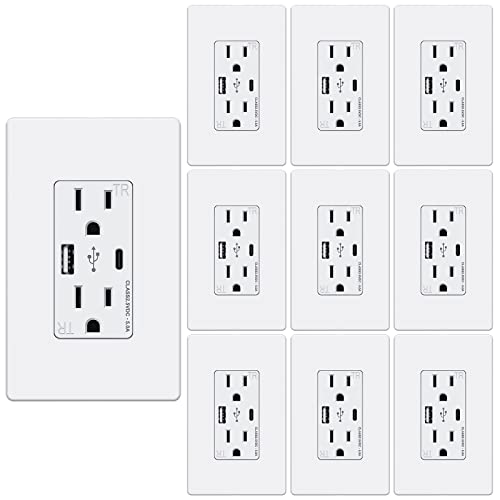 25W 5.0 Amp 2-Ports USB C Outlet with Tamper Resistant Design - 15A USB Receptacle Wall Outlet, Screwless Wall Plate Included, ETL Listed (Glossy White, 10 Pack) - Perfect for Home, Office, and Hotel Charging Stations