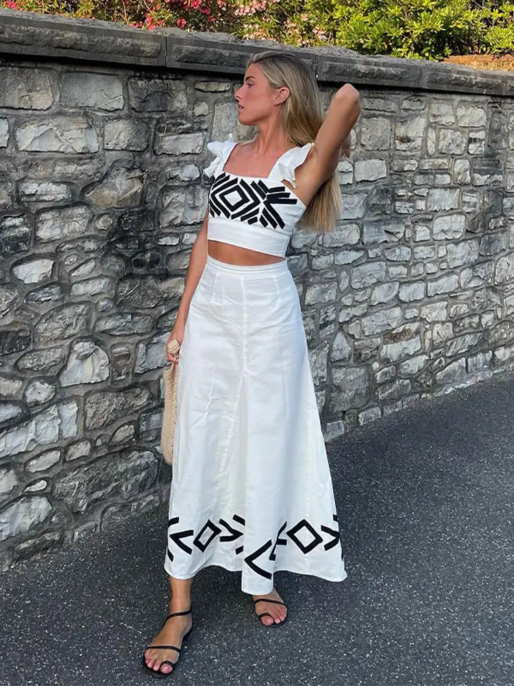 Women's Fashion Sleeveless Short Top & High Waisted Skirt Set - Slim Fit Floral Print 2 Piece Outfit for Casual Wear, Beach Vacations & Prom Parties | Summer Holiday Dressy Ensemble