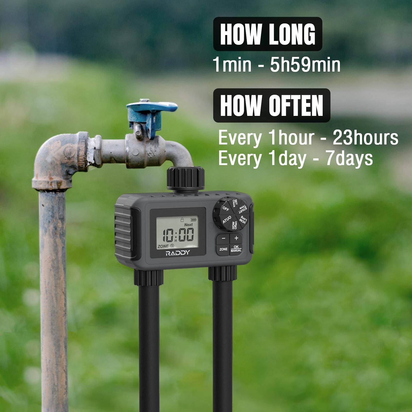 Raddy WS-5 Smart Water Timer for Garden Hose - 2 Outlet Automatic Sprinkler Timer with Rain Delay & Manual Mode | Perfect for Lawn, Yard, and Outdoor Plant Irrigation System