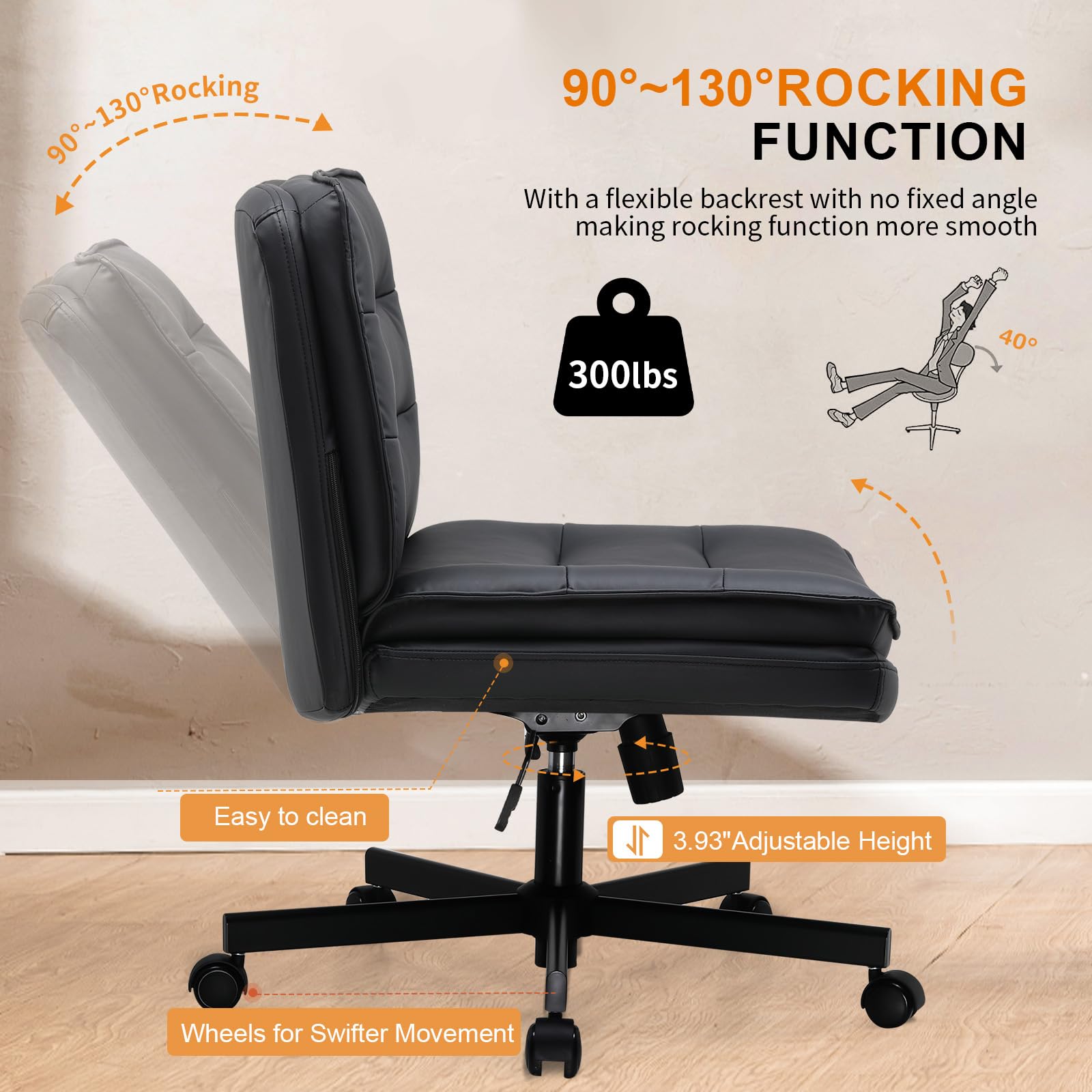 COMHOMA Criss Cross Chair with Wheels - Armless Wide Cross Legged Office Chair, Mid Back Swivel Adjustable Desk Chair for Home & Office, Modern Computer Vanity Chair (Black) - Perfect for Workstations, Gaming Setups & Small Spaces