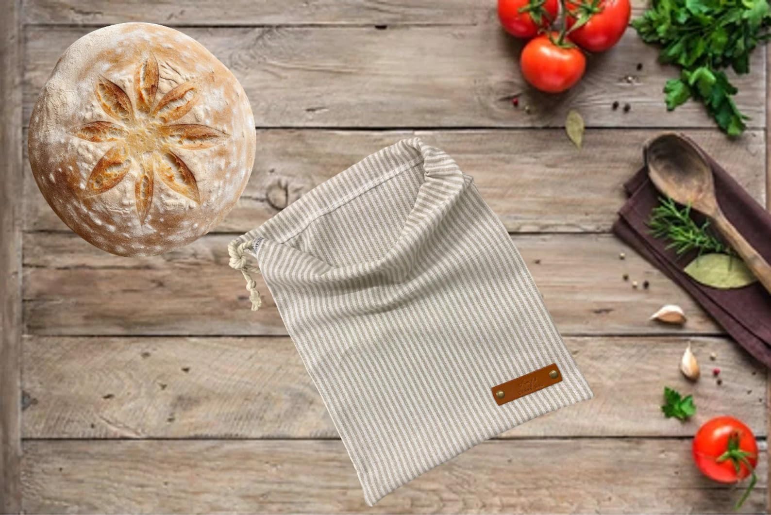 Rustic White Stripe Linen Bread Bags - Reusable Homemade Sourdough & Produce Storage - Personalized Baker Gift (Made in USA) - Perfect for Artisan Bread, Farmers Market & Eco-Friendly Kitchen Use