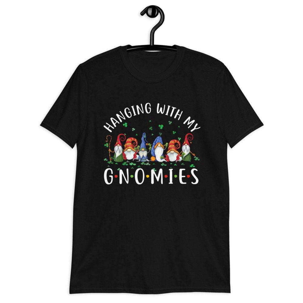 Shamrock Shirt Hanging with My Gnomies - Cute St. Patrick's Day T-Shirt | Short-Sleeve Unisex Graphic Tee | Black Cotton Apparel for Irish Pub Crawls & Festivals