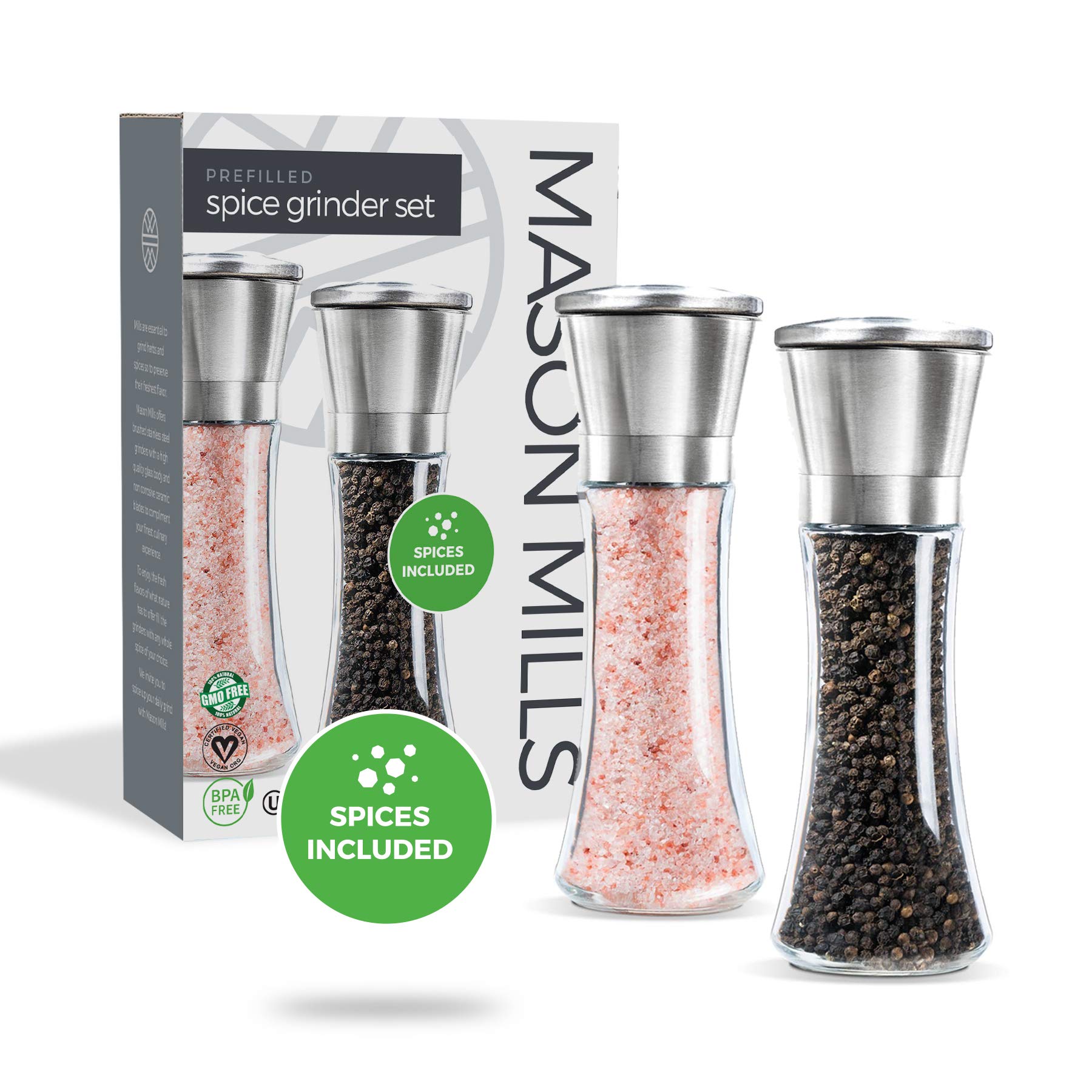 Premium Stainless Steel Salt and Pepper Grinder Set - 2-Piece Refillable Mills with Himalayan Pink Salt & Premium Black Pepper - Glass & Steel Design - Large Capacity Top-Loading Shakers by Mason Mill - Perfect for Kitchen, Dining Table & Gourmet Cooking