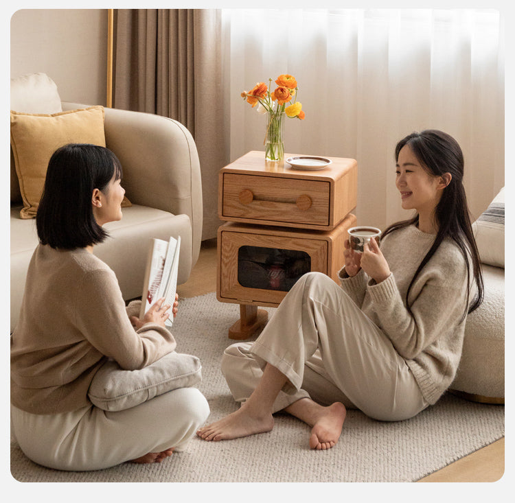 360° Rotating Oak Solid Wood Nightstand - Modern Bedside Table for Bedroom, Living Room & Office
