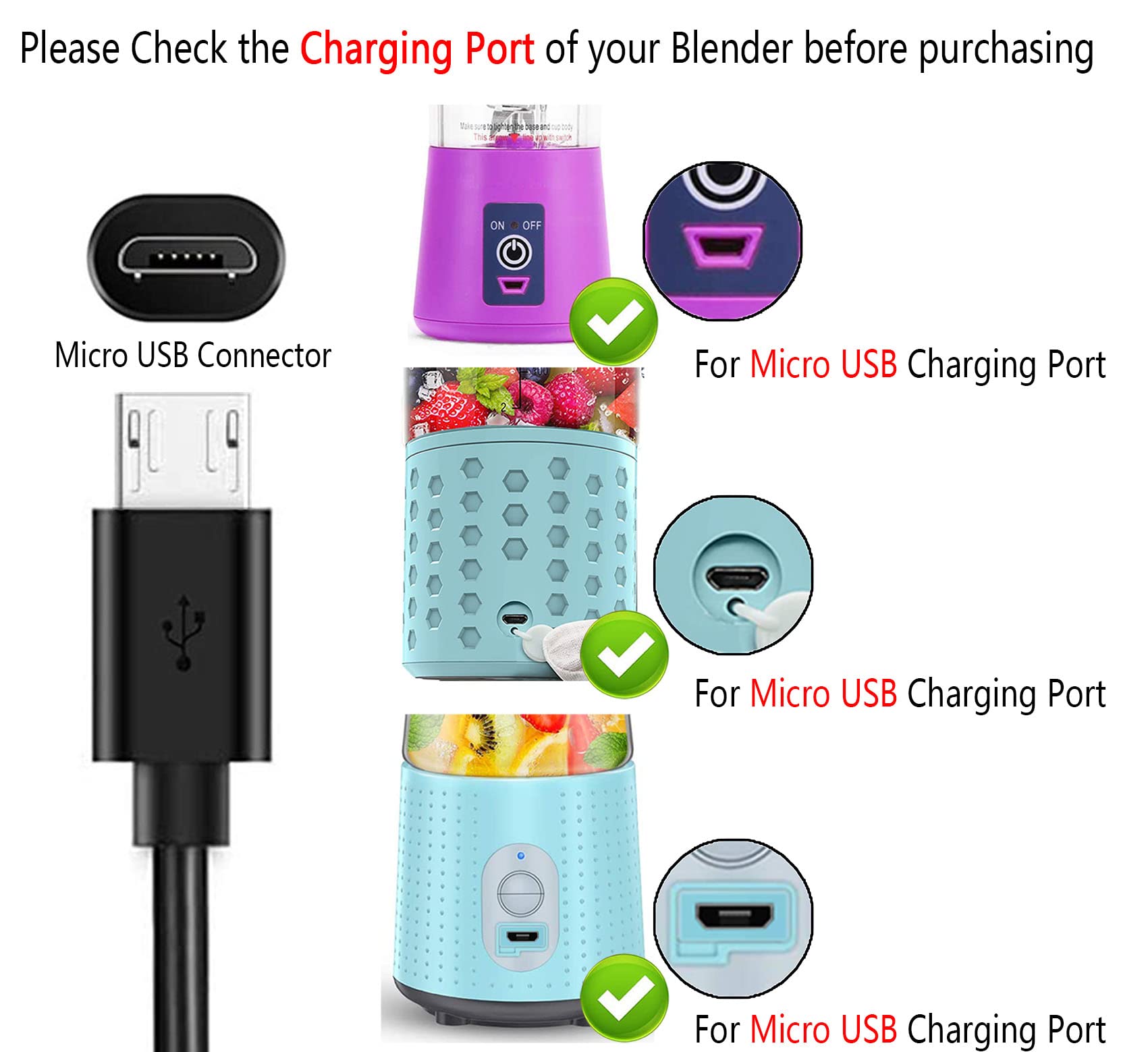 USB Charging Cable for Portable Blenders - Compatible with PopBabies, Supkitdin, Aoozi, Mialoe & OBERLY Mini Blenders | Replacement Power Cord for Smoothie Makers | Perfect for Travel, Gym & Home Use