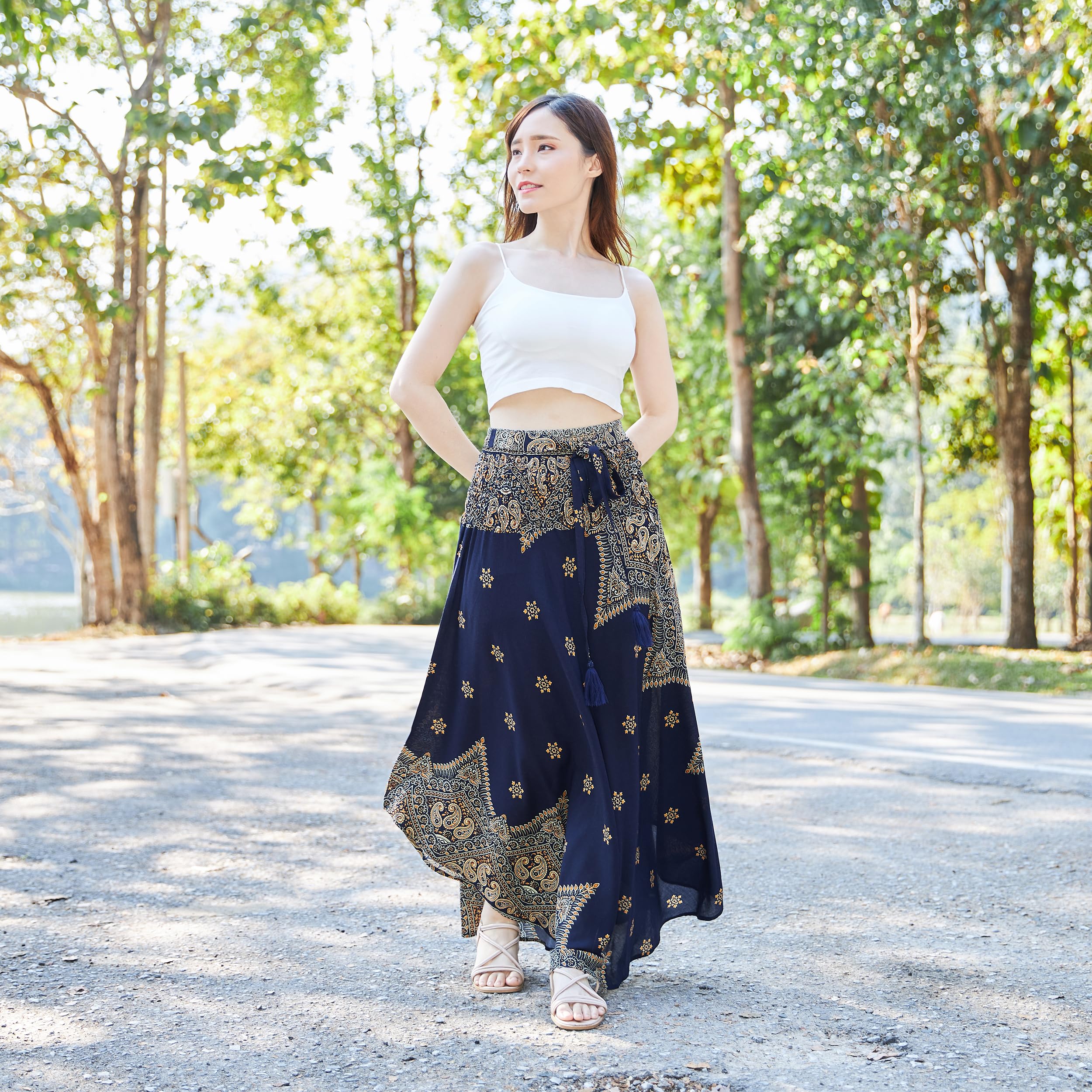 LannaClothesDesign Women's Bohemian Maxi Skirt - Flowy Long Gypsy Hippie Style Boho Skirt for Summer, Beach, Music Festivals & Casual Wear