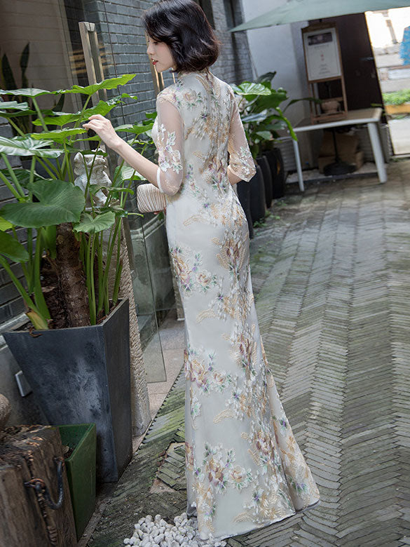 Elegant Embroidered Full-Length Fishtail Qi Pao Cheongsam Evening Gown for Prom, Wedding & Special Occasions | Traditional Chinese Dress for Women