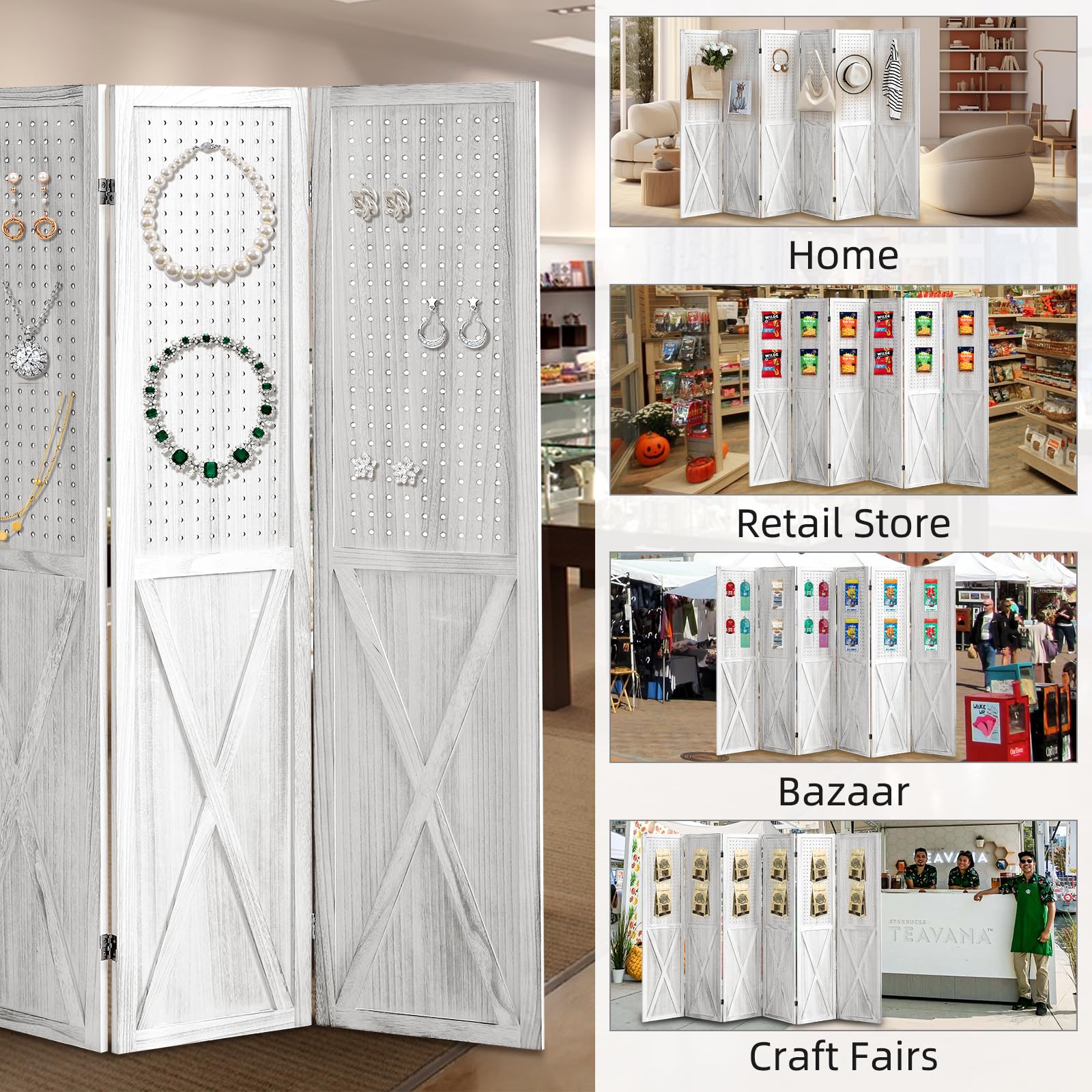 6 Panel Pegboard Room Divider & Folding Privacy Screen - 5.6Ft Tall Portable Display Stand Organizer for Home, Office, and Retail Spaces (White) - Perfect for Room Separation, Craft Shows, and Trade Displays