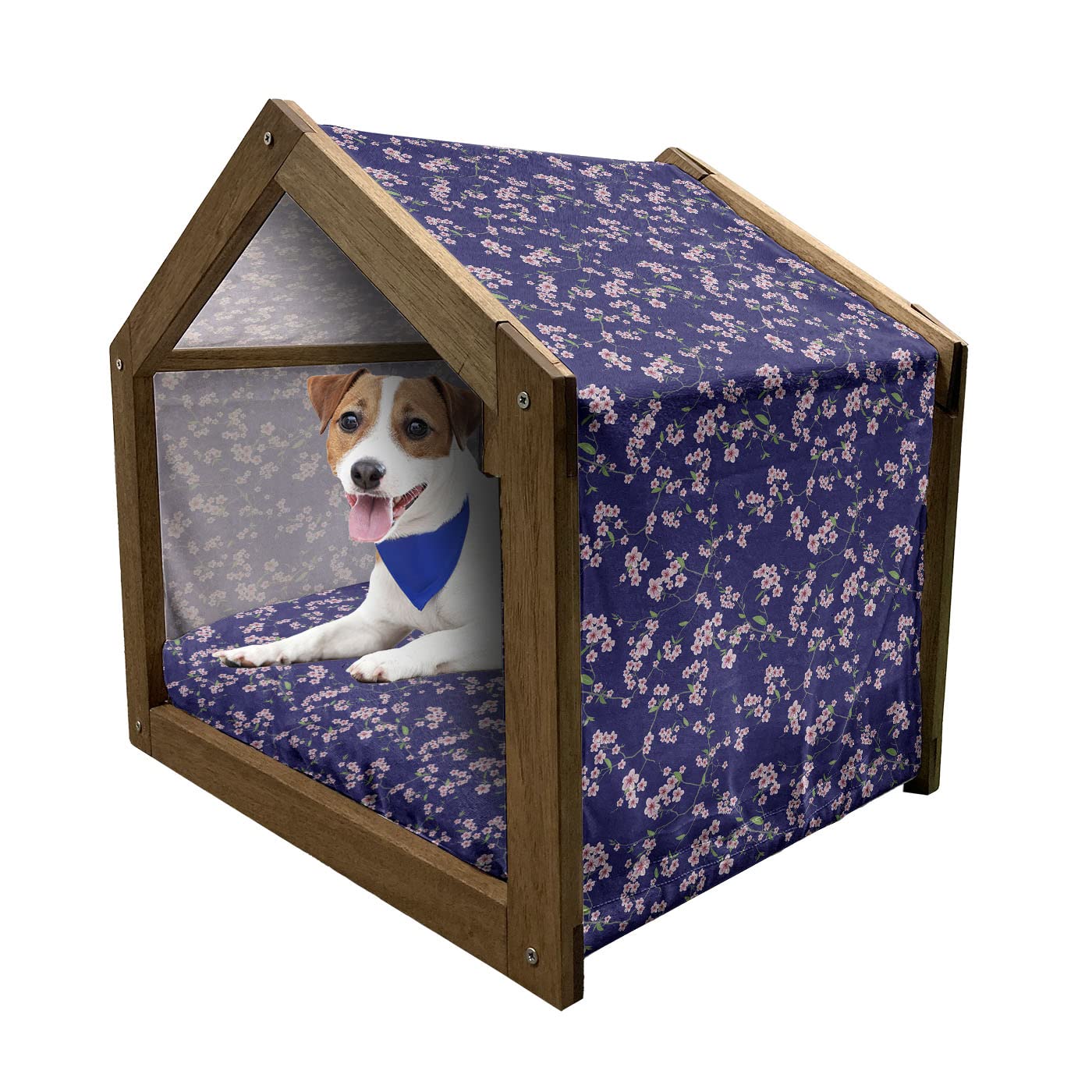 Ambesonne Japanese Wooden Pet House - Portable Indoor & Outdoor Dog Kennel with Pillow & Cover, Cherry Blossom & Oriental Kimono Design in Purple Rose Fern Green - Perfect for Small Dogs, Patio, Garden & Home Decor