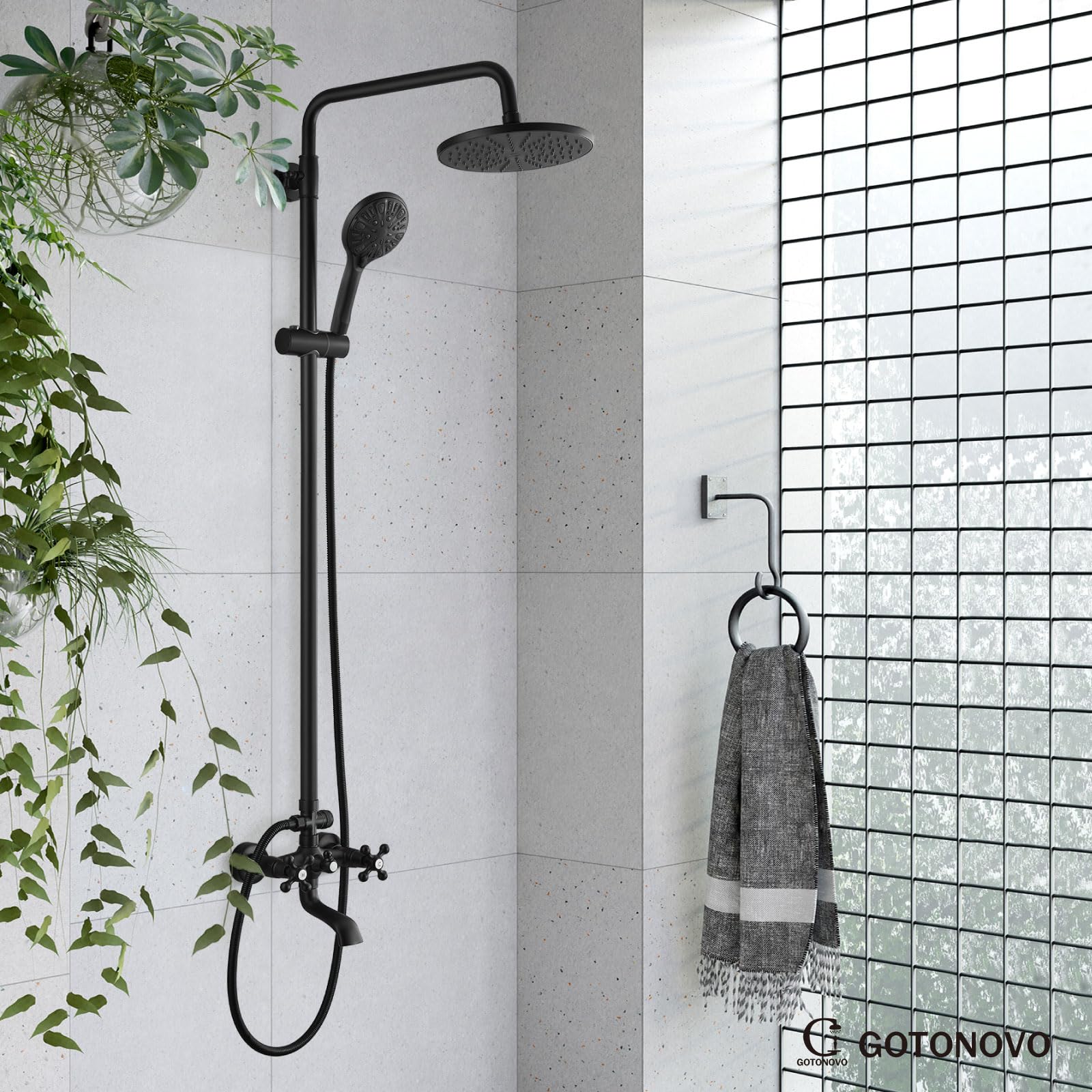 Gotonovo 8 Inch Exposed Shower System - Matte Black Rainfall Showerhead with 3-Function Spray, Tub Spout & 2 Cross Handles for Bathroom Remodeling | Perfect for Master Bath, Guest Bath & Spa-Like Shower Experience