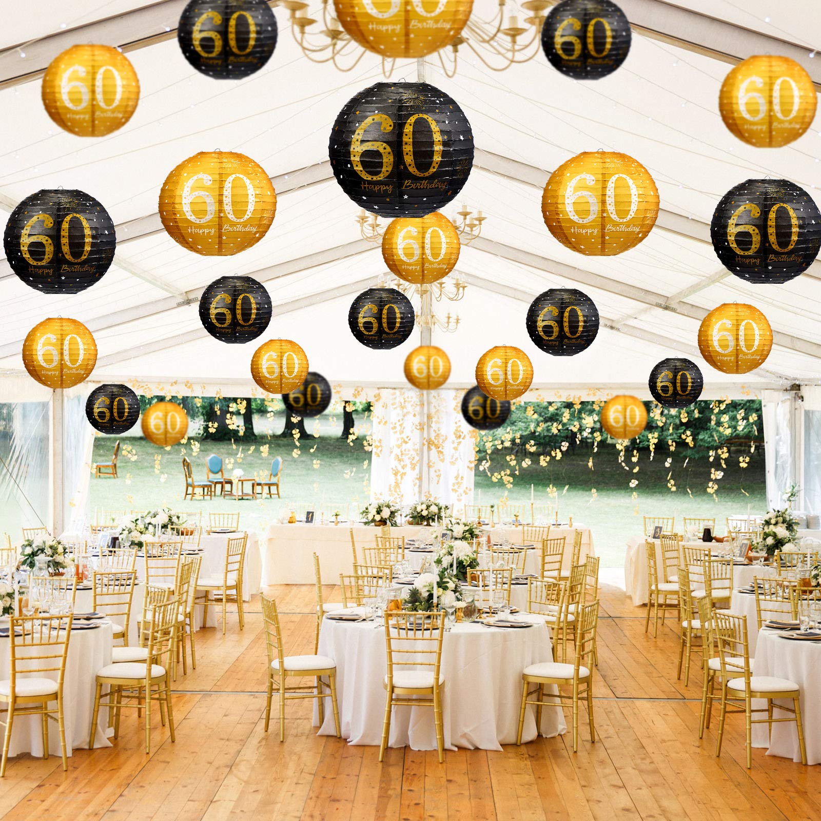 6 Pack Black Gold Glitter Hanging Paper Lanterns - Birthday Party Decorations for Men, Women, Teens - 60th Anniversary Party Supplies - Perfect for Indoor/Outdoor Celebrations, Baby Showers & Graduations