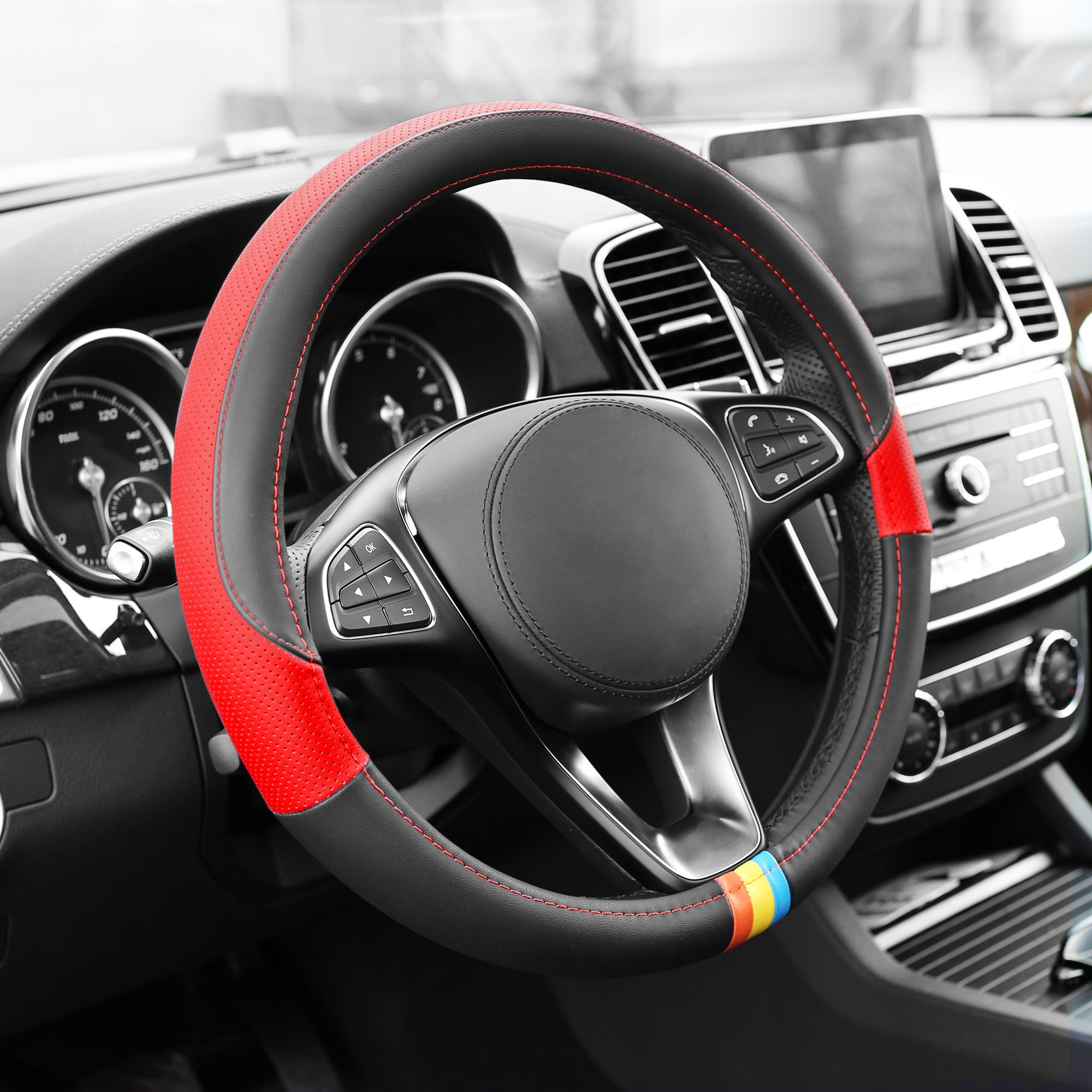FH Group Full Spectrum Microfiber Leather Steering Wheel Cover - Universal Fit for Cars & SUVs (Red) - Non-Slip Grip & Comfort for Long Drives, Commuting & Road Trips
