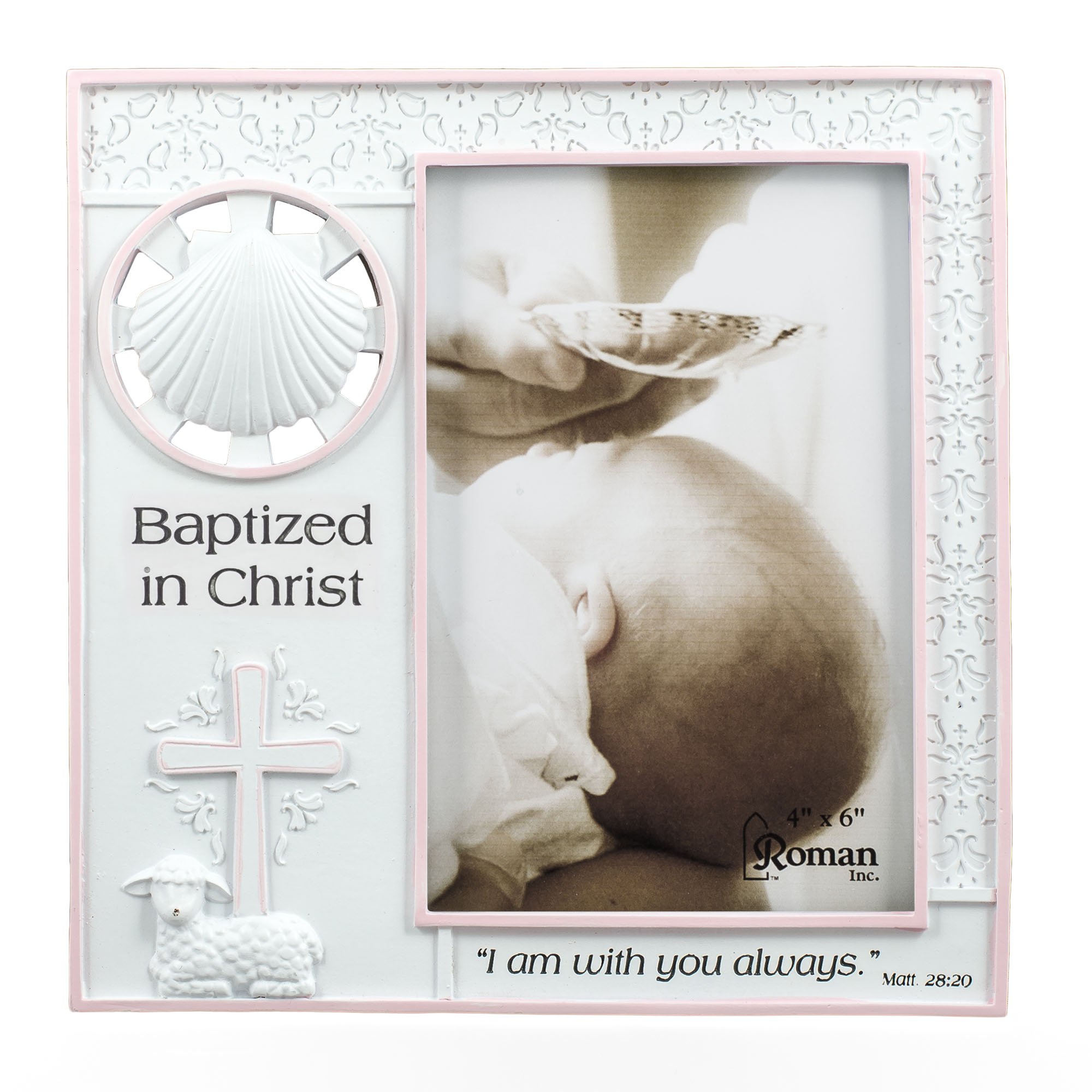 Baptized in Christ Vertical 4x6 Picture Frame with Matthew 28:20 Bible Verse - Pink Wall Decor for Christian Home, Baptism Gifts & Church Display