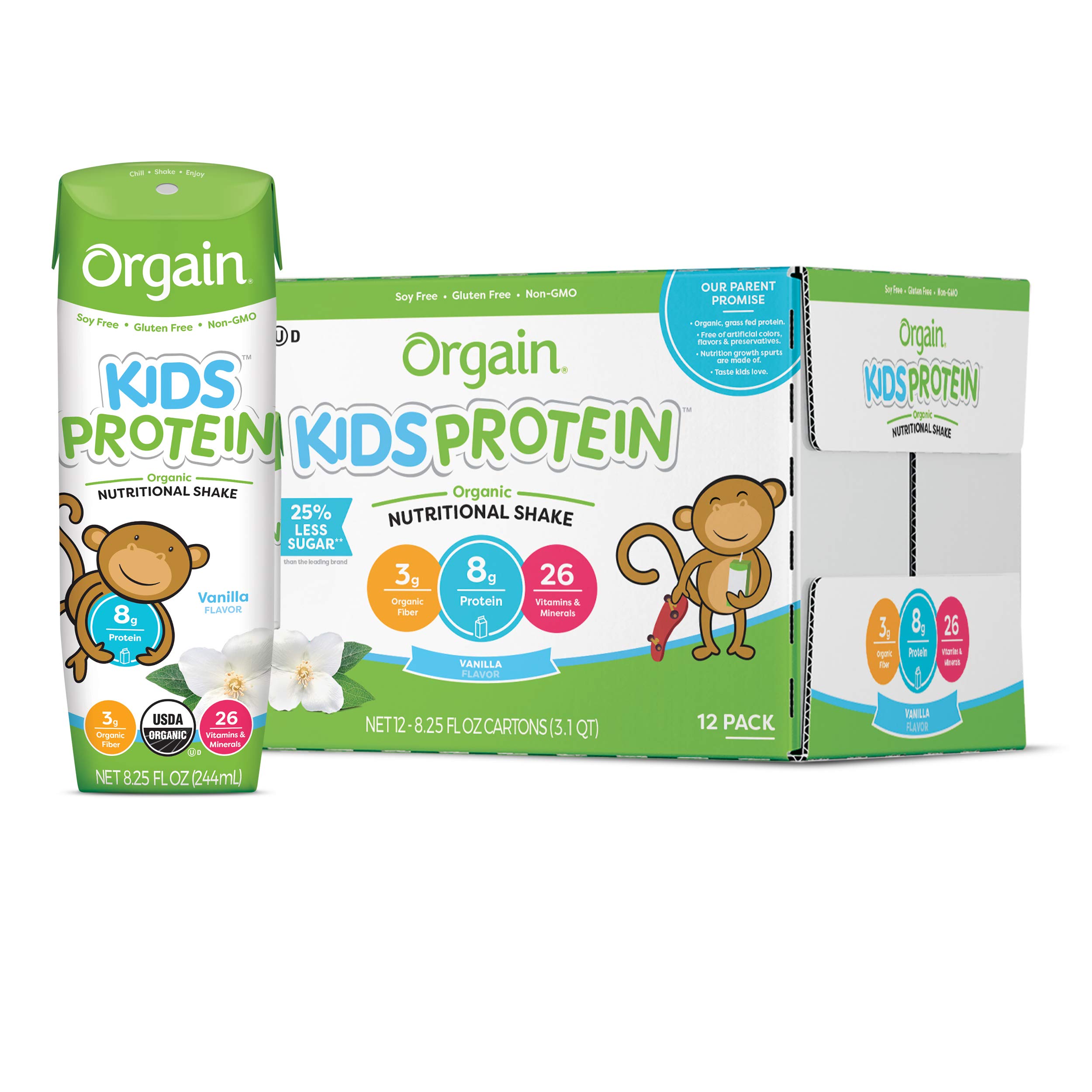 Orgain Organic Protein Powder with Superfoods, Vanilla Bean - 2.02lb | Kids Nutritional Protein Shake, Vanilla (12 Pack) - Perfect for Post-Workout Recovery & Healthy Kids Snacks