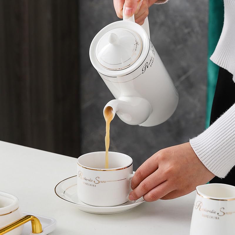 22-Piece Porcelain Teapot Set with Gold Accents - Ceramic Coffee & Tea Cups, Saucers, Sugar Bowl, Creamer & Serving Tray - Elegant Tea Party & Coffee Break Gift Set for Home, Office & Bridal Shower