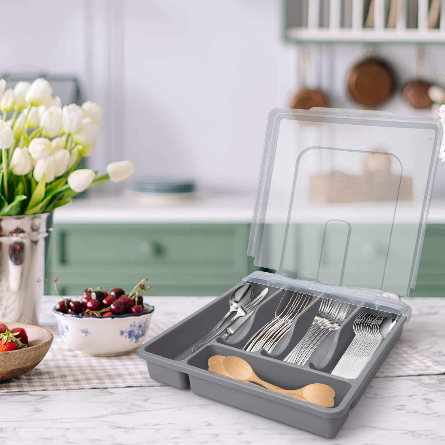 **5-Compartment Gray Plastic Silverware Organizer with Lid - Drawer & Countertop Utensil Holder for Kitchen, Dining, and Office Use**