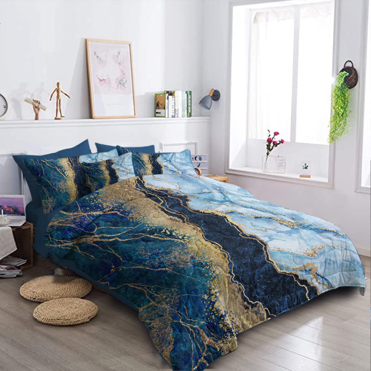 BlessLiving 8-Piece King Size Marble Bedding Set - Navy Blue & Gold Glitter Comforter with Pillowcases, Shams & Sheets - Modern Luxury Bed in A Bag - Perfect for Master Bedrooms, Guest Rooms & Hotel Style Decor