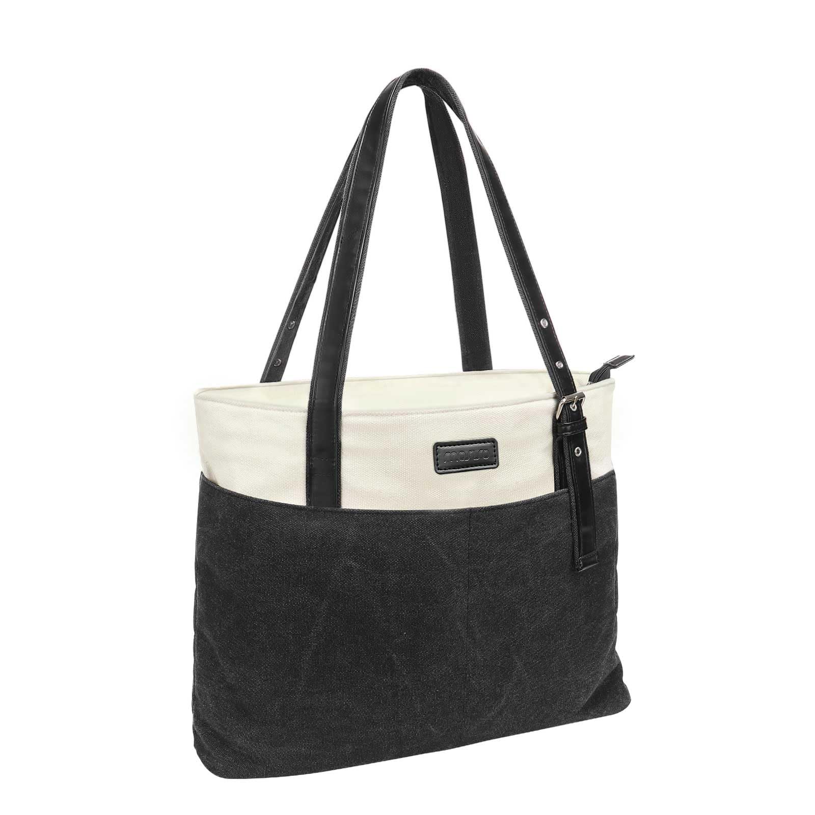 MOSISO 15.6 Inch Laptop Tote Bag for Women & Men - Lightweight Splice Canvas Business Office Bag with 2 Hidden Pockets - Perfect for Work, Travel & Daily Commute - Black