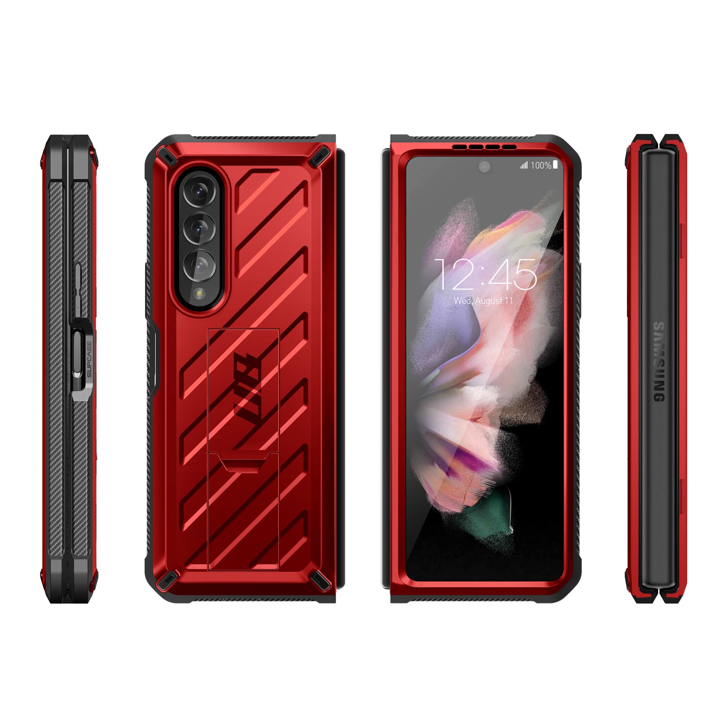 Samsung Galaxy Z Fold 3 Case with Built-in Kickstand & Screen Protector - Shockproof Heavy Duty Cover for Z Fold3 (Metallic Red) | Perfect for Work, Travel & Everyday Protection