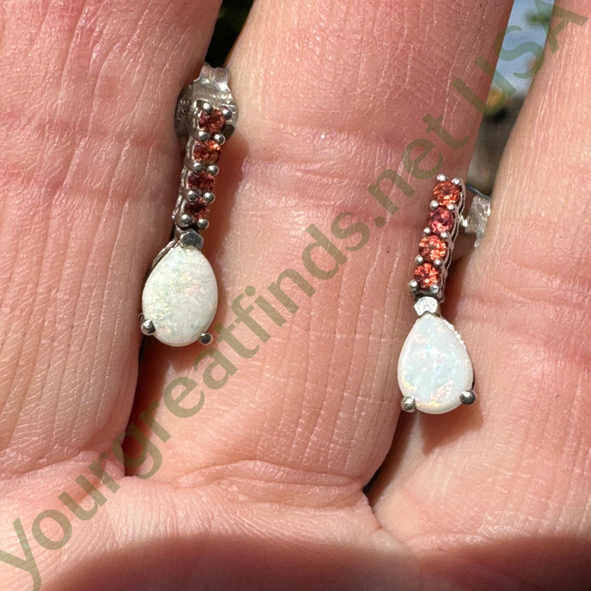 Sterling Silver White Opal & Orange Garnet Stud Earrings for Women - Dainty Pierced Post Jewelry for Everyday Wear, Gift Giving & Special Occasions