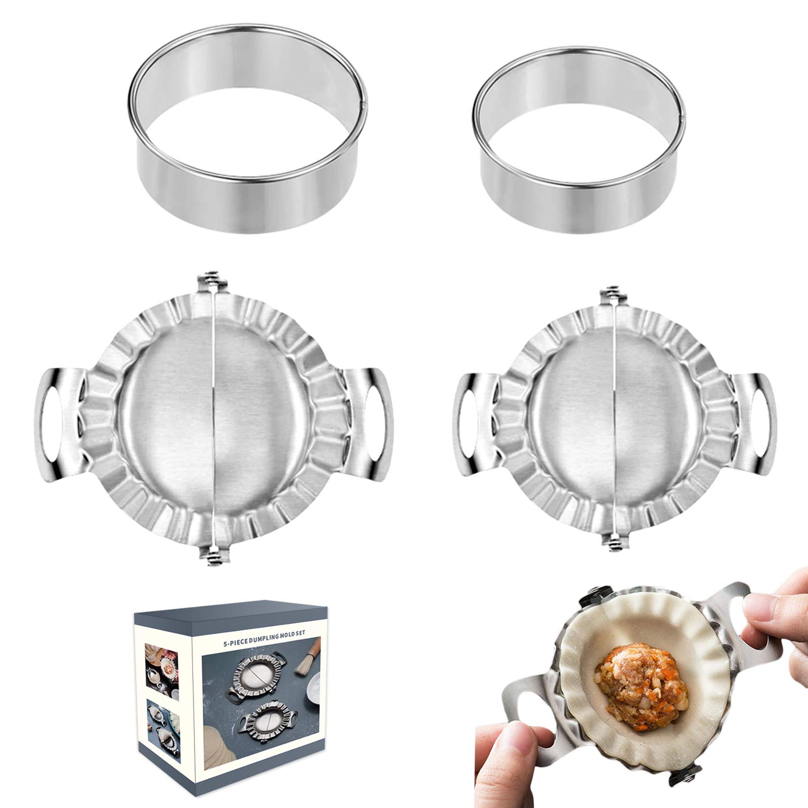 VEGCOO 4-Piece Dumpling Maker Set - Stainless Steel Dumpling Mold, Ravioli Press & Dough Cutter - Perfect for Homemade Dumplings, Pierogi, Empanadas & More - Essential Kitchen Tools for Asian & Italian Cooking
