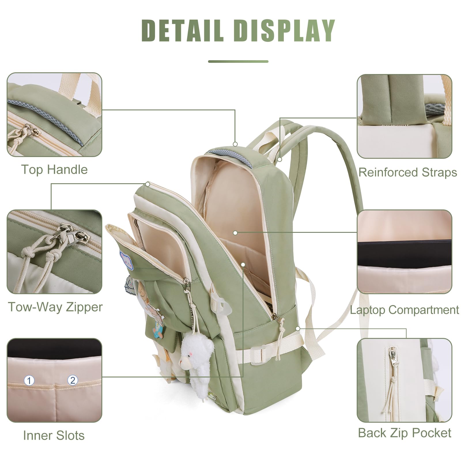 Kawaii Backpack Set for Girls - 5pcs Cute School Bag with Accessories & Pins | Aesthetic Handbag & Tote for Kids | Perfect for School, Travel & Daily Use