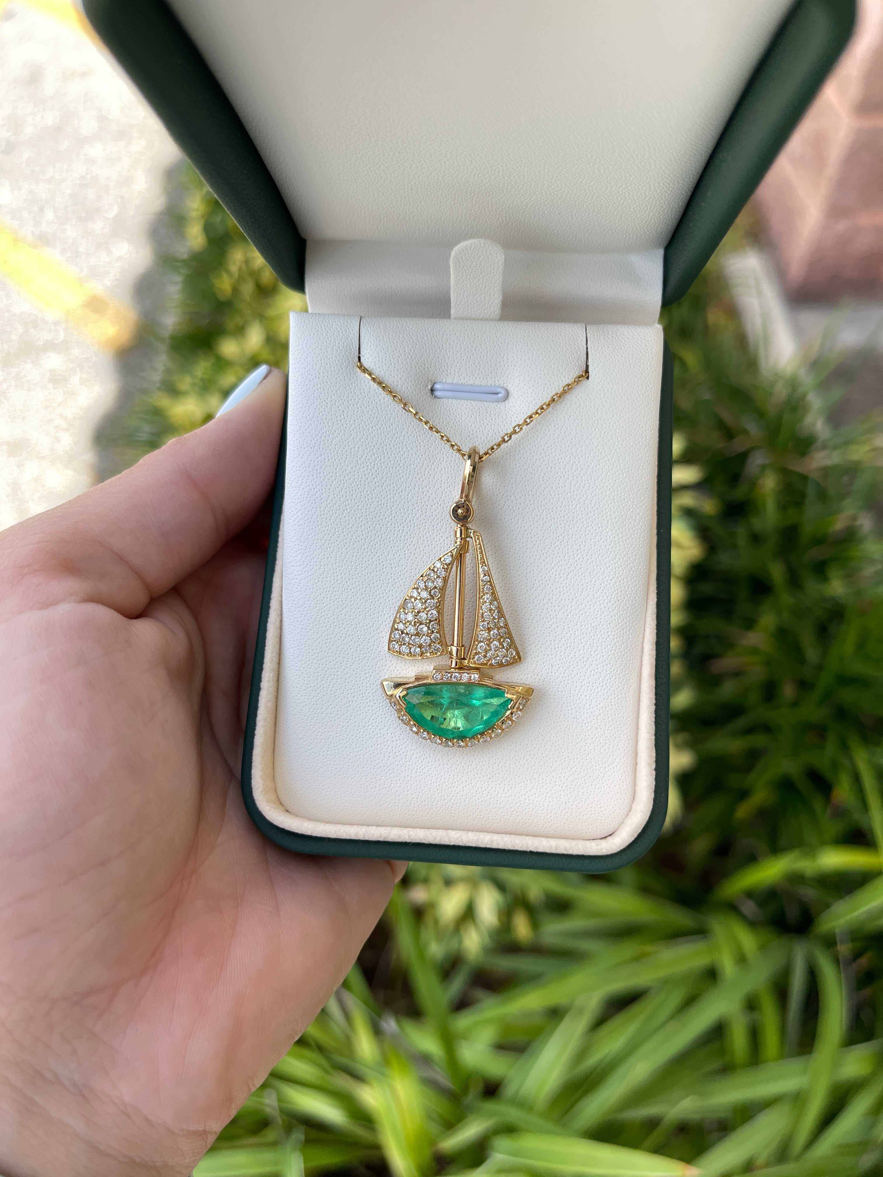 6.61tcw AAA Quality Half Moon Colombian Emerald & Diamond Handmade Sailboat 14K Gold Pendant - Perfect for Nautical Jewelry Gifts, Beach Weddings & Cruise Vacations