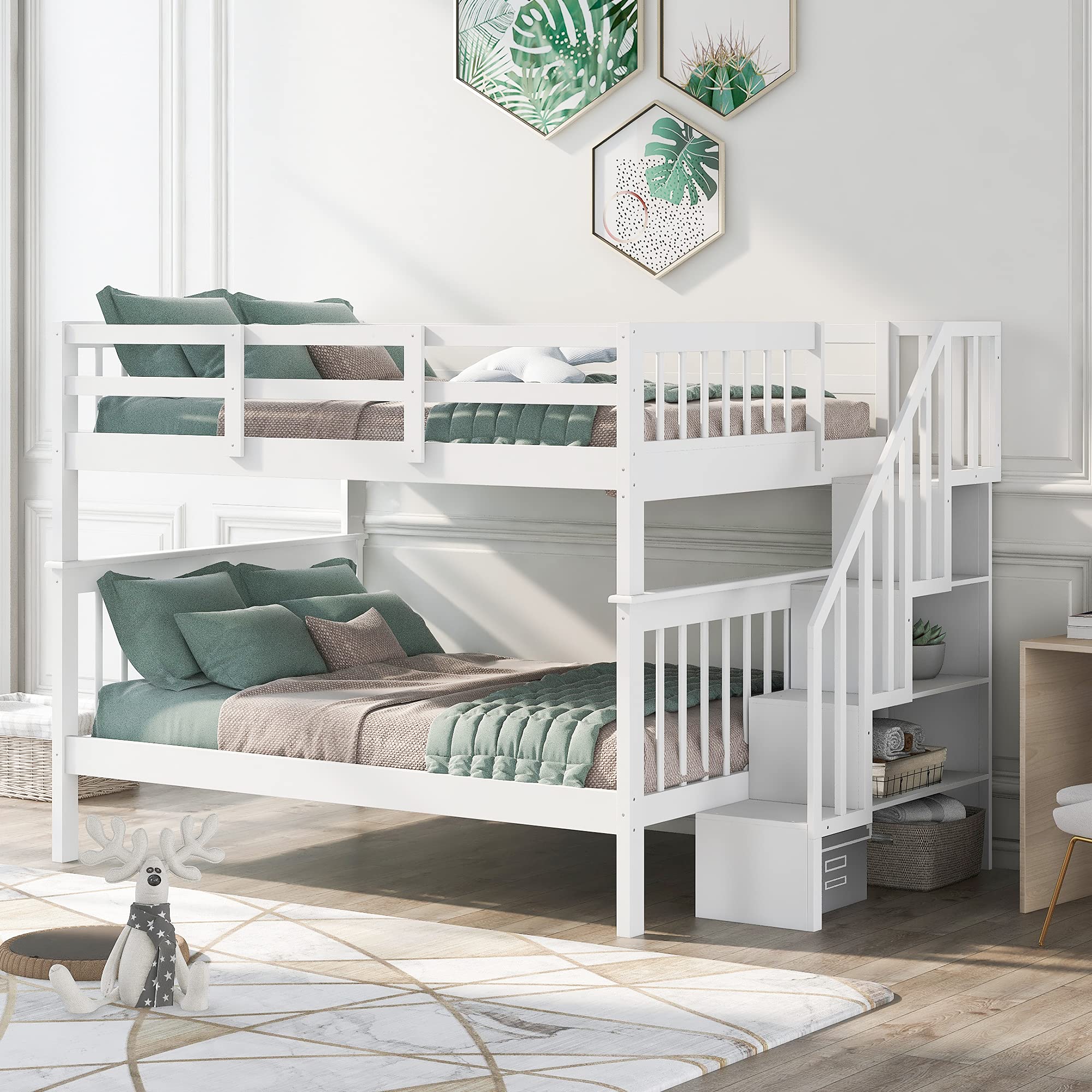 Full Over Full Bunk Bed with Storage & Guard Rail - Solid Wood Twin Bunk Bed for Kids, Teens, Dorm Rooms & Small Spaces - Space-Saving Bedroom Furniture with Underbed Storage (White) - Perfect for Shared Kids' Rooms, College Dorms & Guest Bedrooms