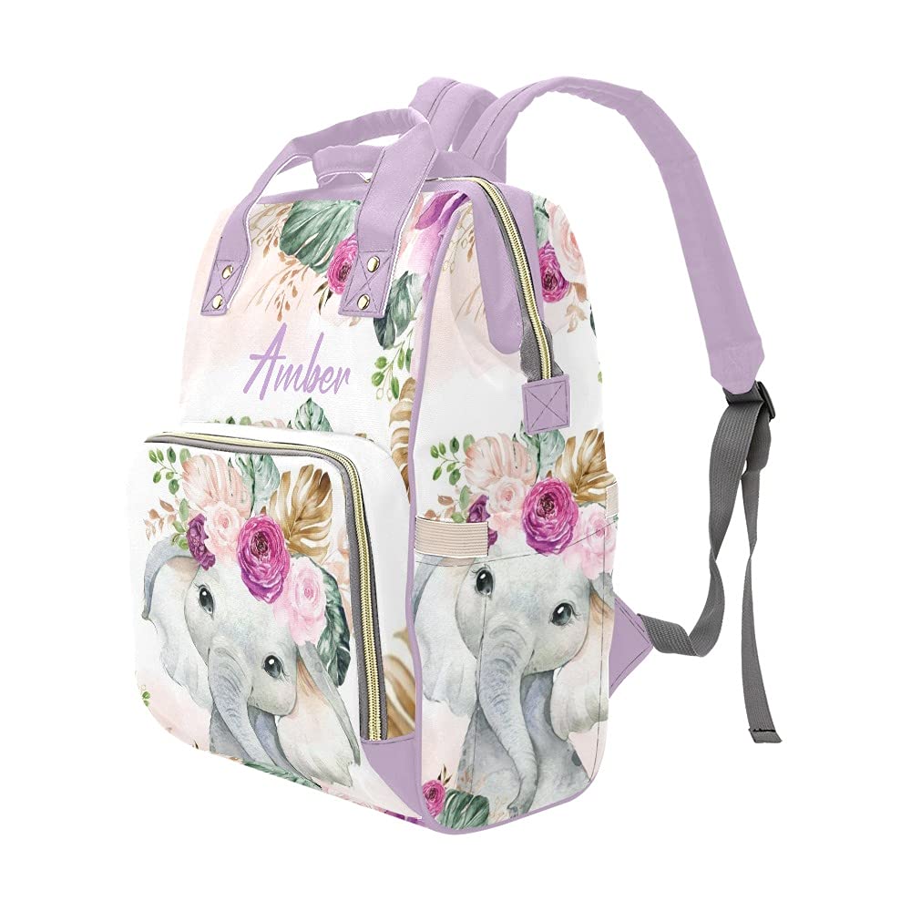 **Personalized Purple Floral Elephant Diaper Backpack - Stylish Nursing & Nappy Bag for Moms, Baby Essentials Organizer, Perfect for Travel, Outings & Baby Showers**