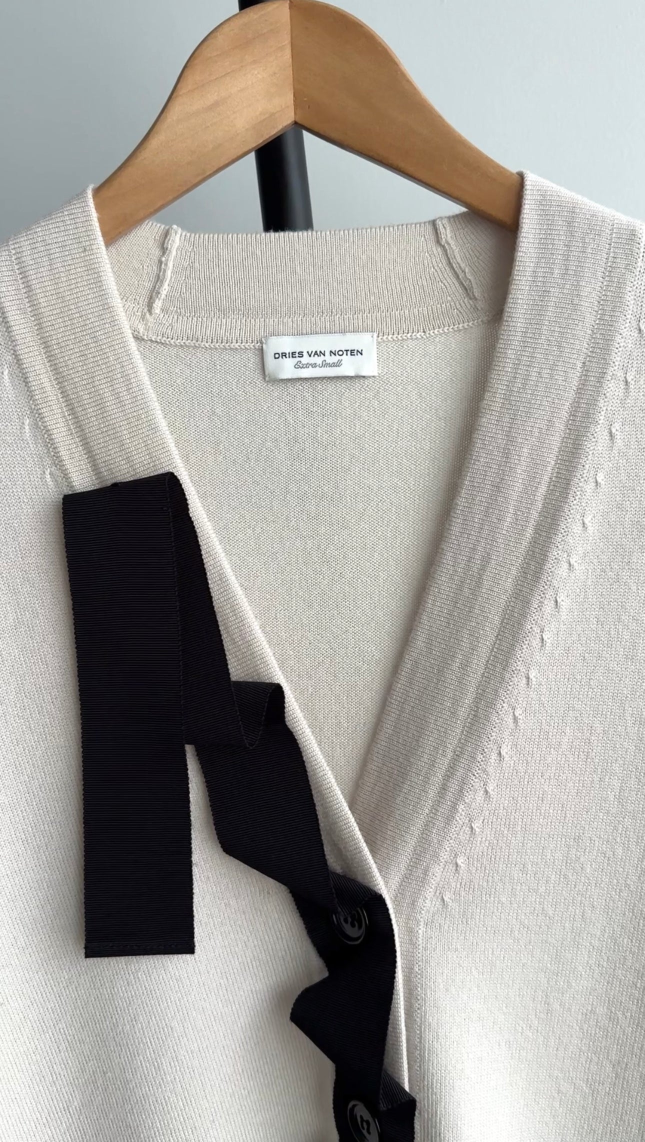 Dries Van Noten Ivory Knit Cardigan with Black Grosgrain Ribbon Trim - Women's XS/S - Elegant Fall Layering Piece for Office & Casual Outings