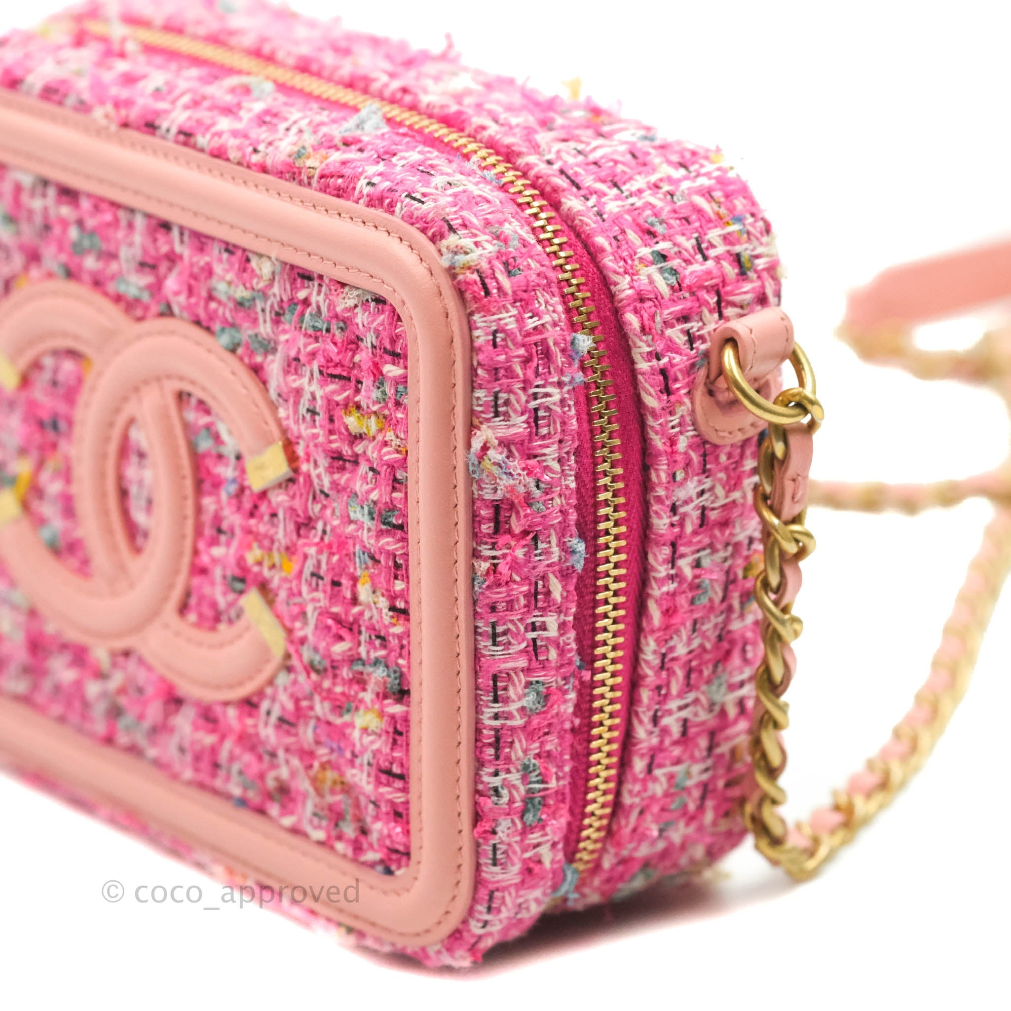 Chanel CC Filigree Vanity Clutch With Chain - Pink Tweed Crossbody Bag for Women | Luxury Designer Clutch Purse for Evening Parties, Weddings & Special Occasions
