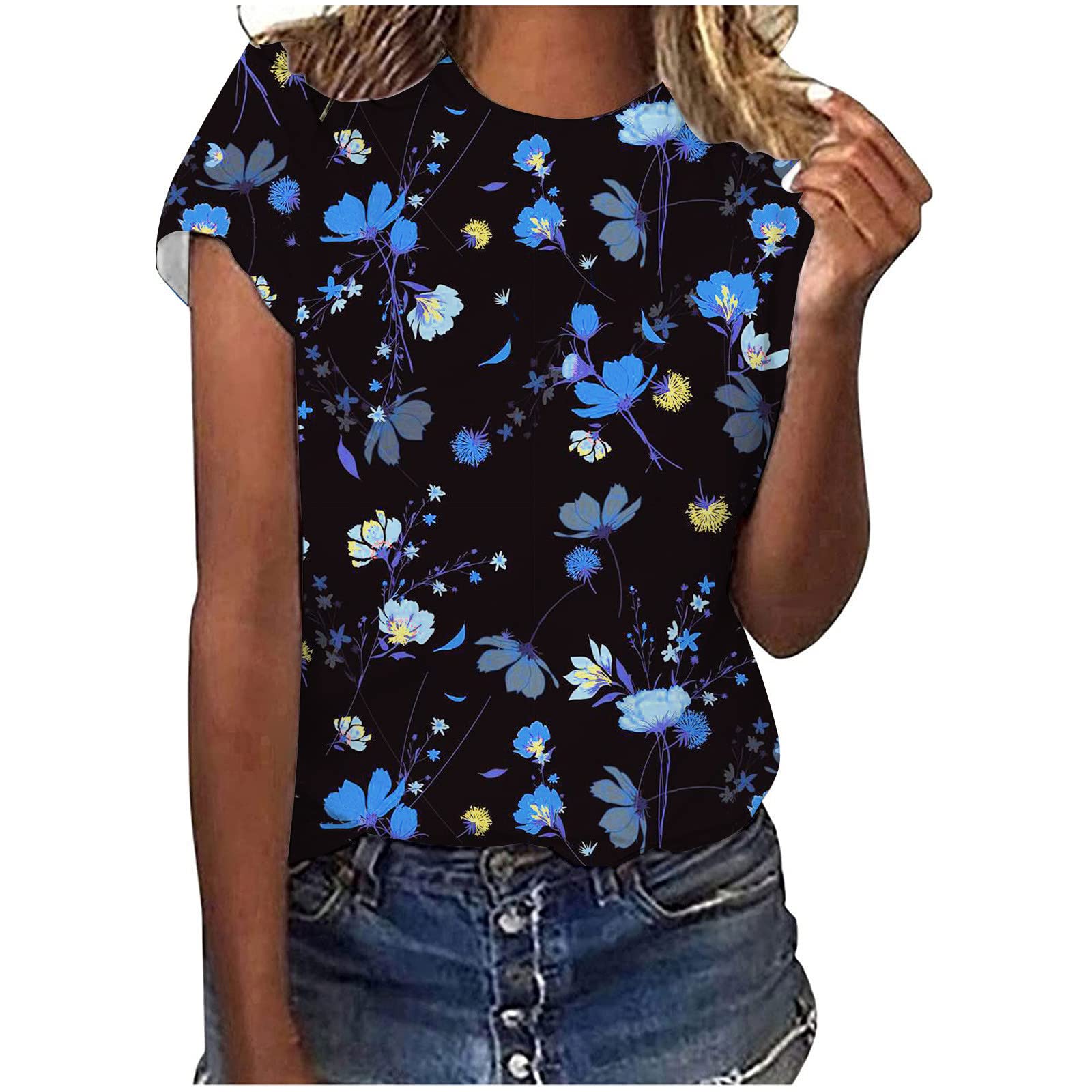 Plus Size Women's Crewneck Floral Print Short Sleeve Tunic Top - Casual Loose Fit Blouse for Work, Workout & Everyday Wear | Flowy Summer Shirt for Curvy Women